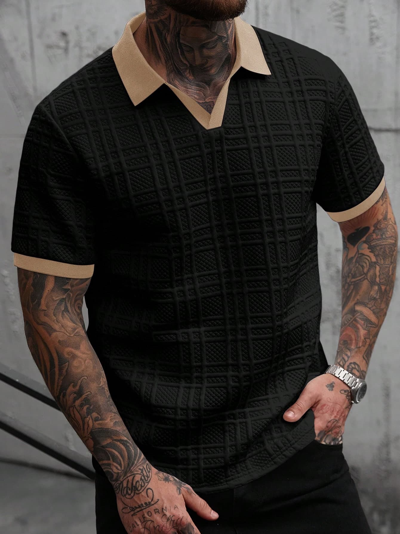 Manfinity CasualCool Men's Contrast Trim Casual Short Sleeve Polo Shirt,Summer Black Khaki Mesh College Style Pattern Streetwear City Break,Old Money Beach Holiday Gift, Formal