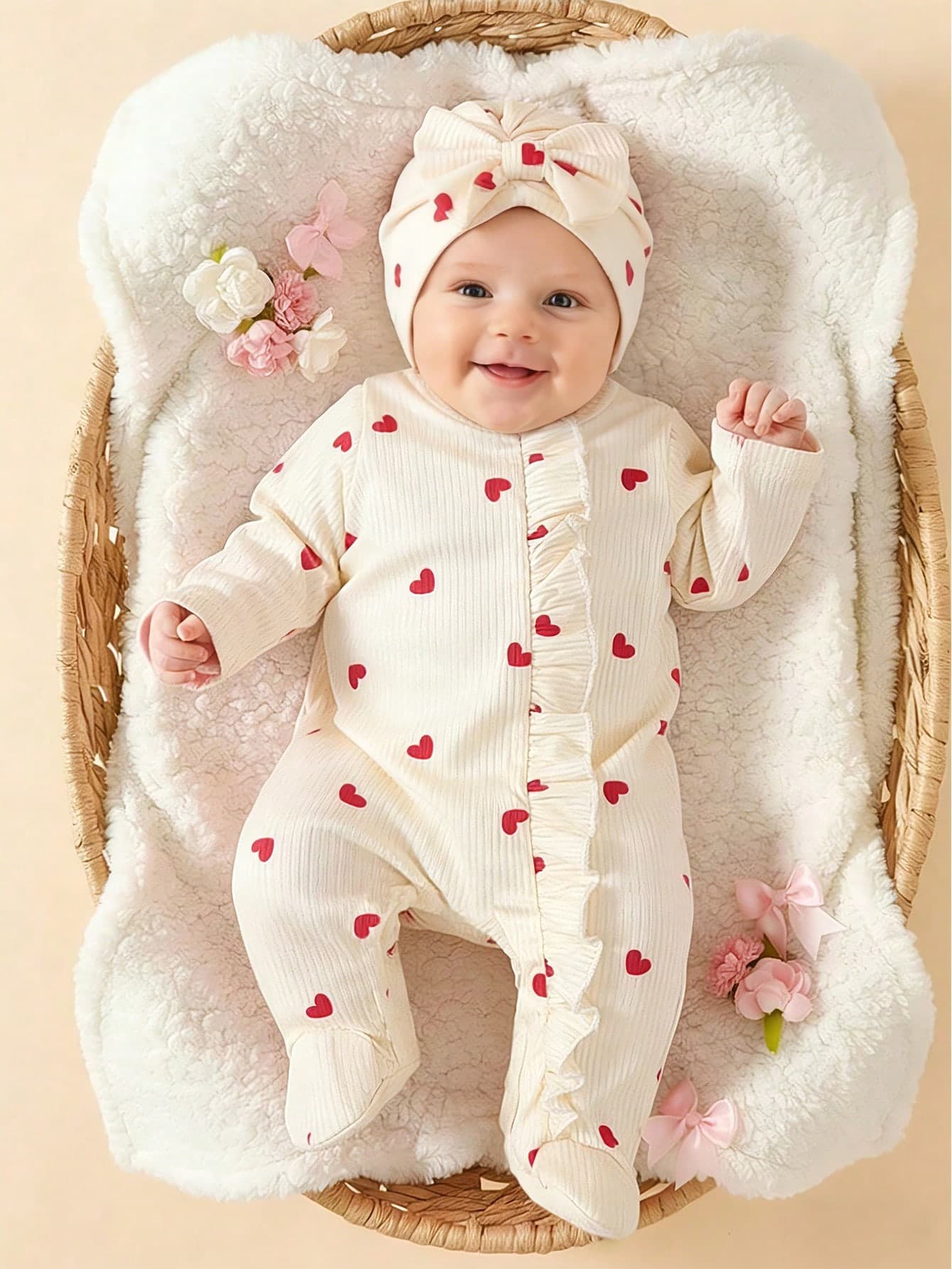 SHEIN Newborn Baby Girl Cute Red And White Heart Print Romper Autumn Christening 2Pcs Set With Cap Light Beige Frill Zipper One-Piece Footed Jumpsuit