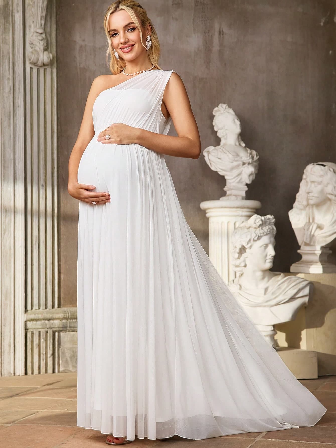 SHEIN Wedding Maternity Clothes Dress Summer Pregnant White Highly Elastic, Soft, And Elegant Solid Color Sleeveless Pleated Design