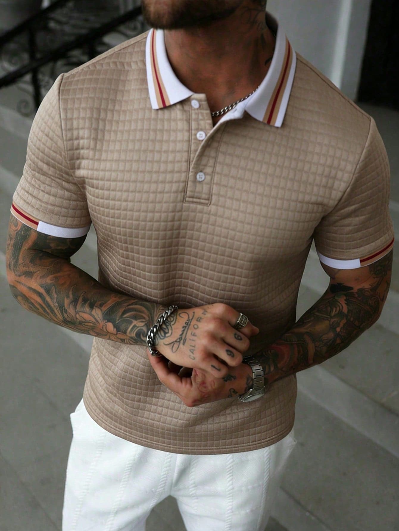 Manfinity Homme Men's Knitted Jacquard Solid Color Textured Ribbed Collar 3-Button Polo Shirt, Formal