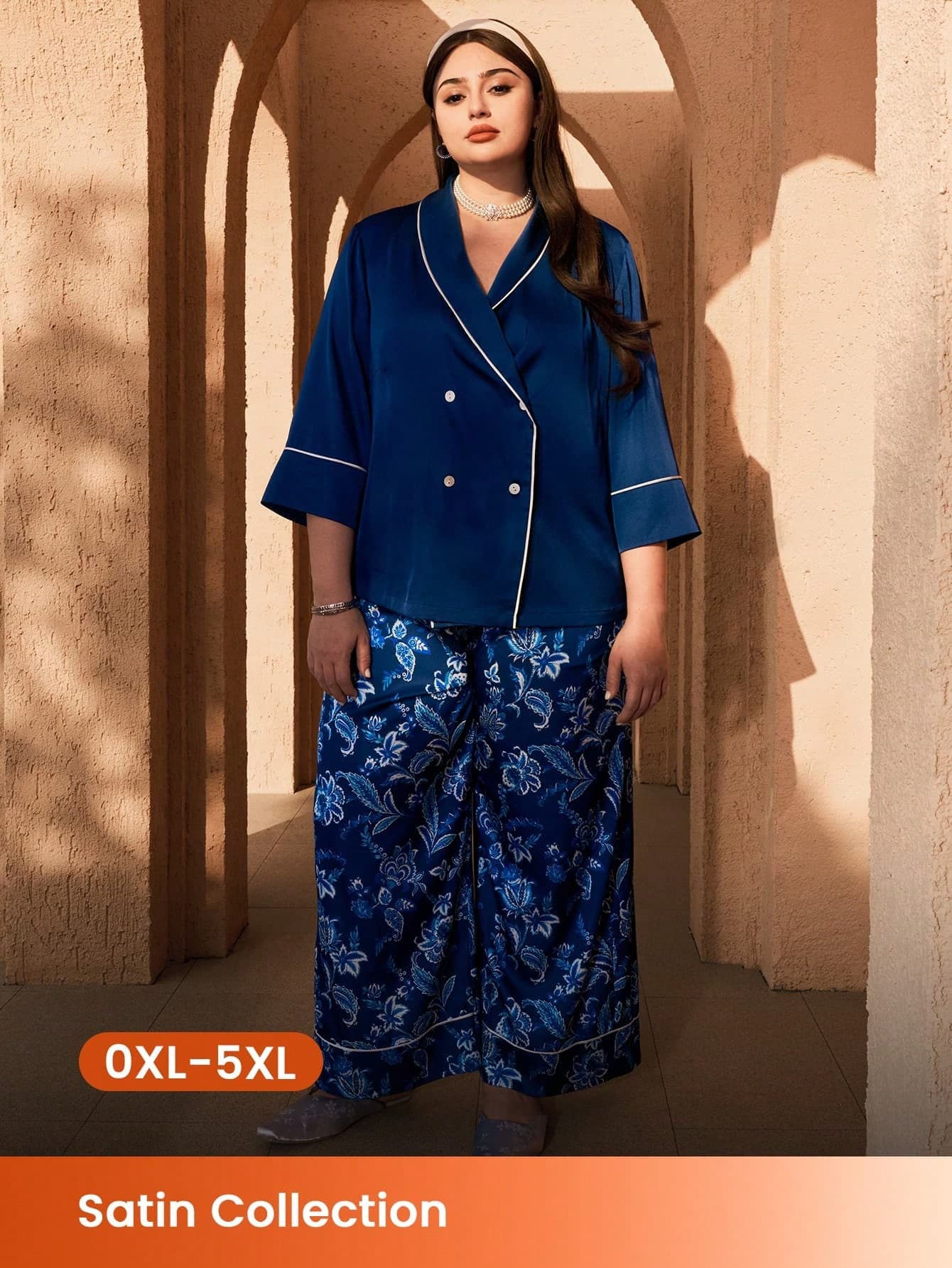 LUVLETTE Plus Size Stylish Navy Pajama Set - Double-Breasted Satin Top & Blue Floral Wide-Leg Pants Fashionable Sleepwear Set Pyjama Graphic