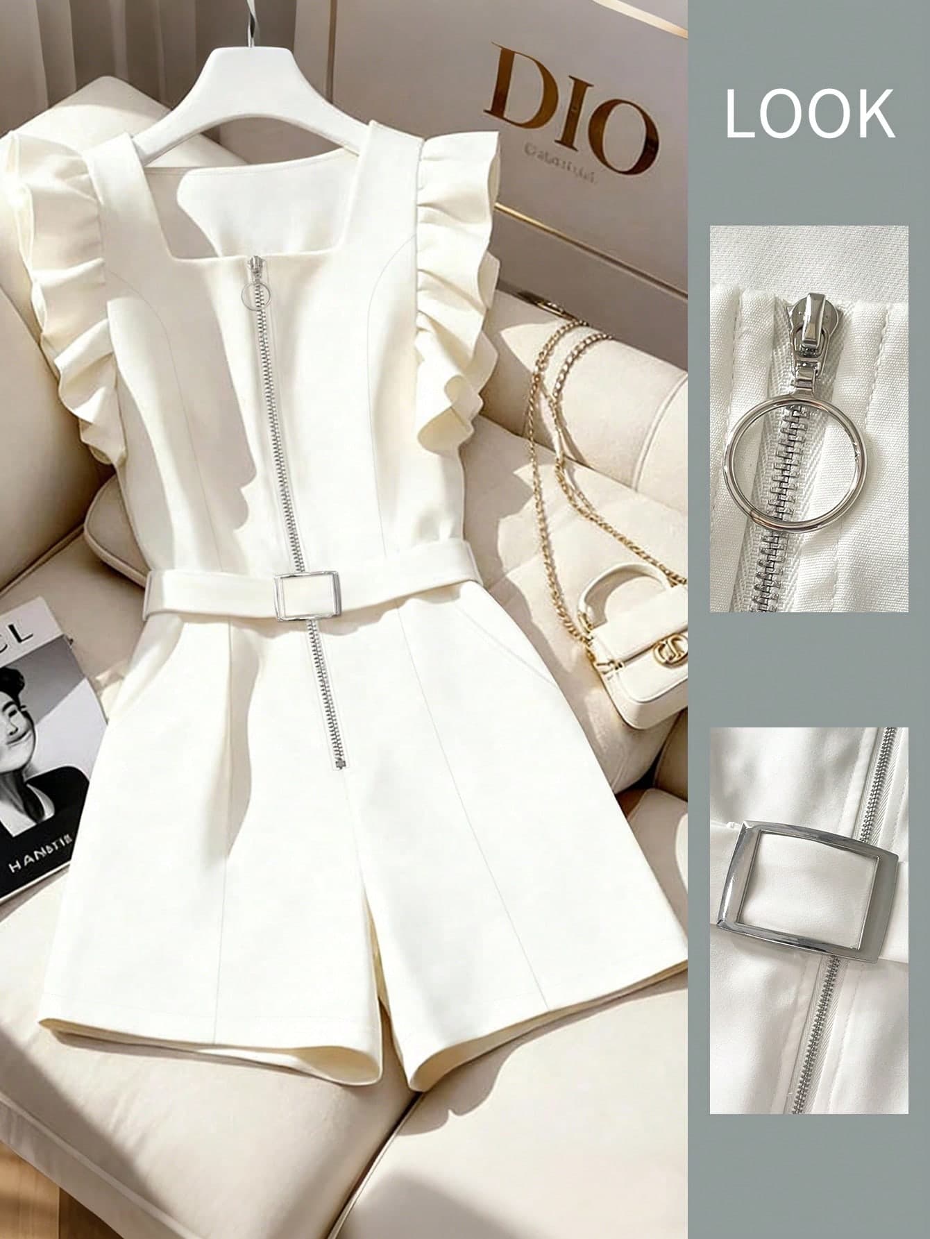 GlowEve CURVE Women Plus Size White Summer Elegant Party Romper,Solid Color Ruffle Hem Sleeveless Zipper Waist Shorts Jumpsuit Set