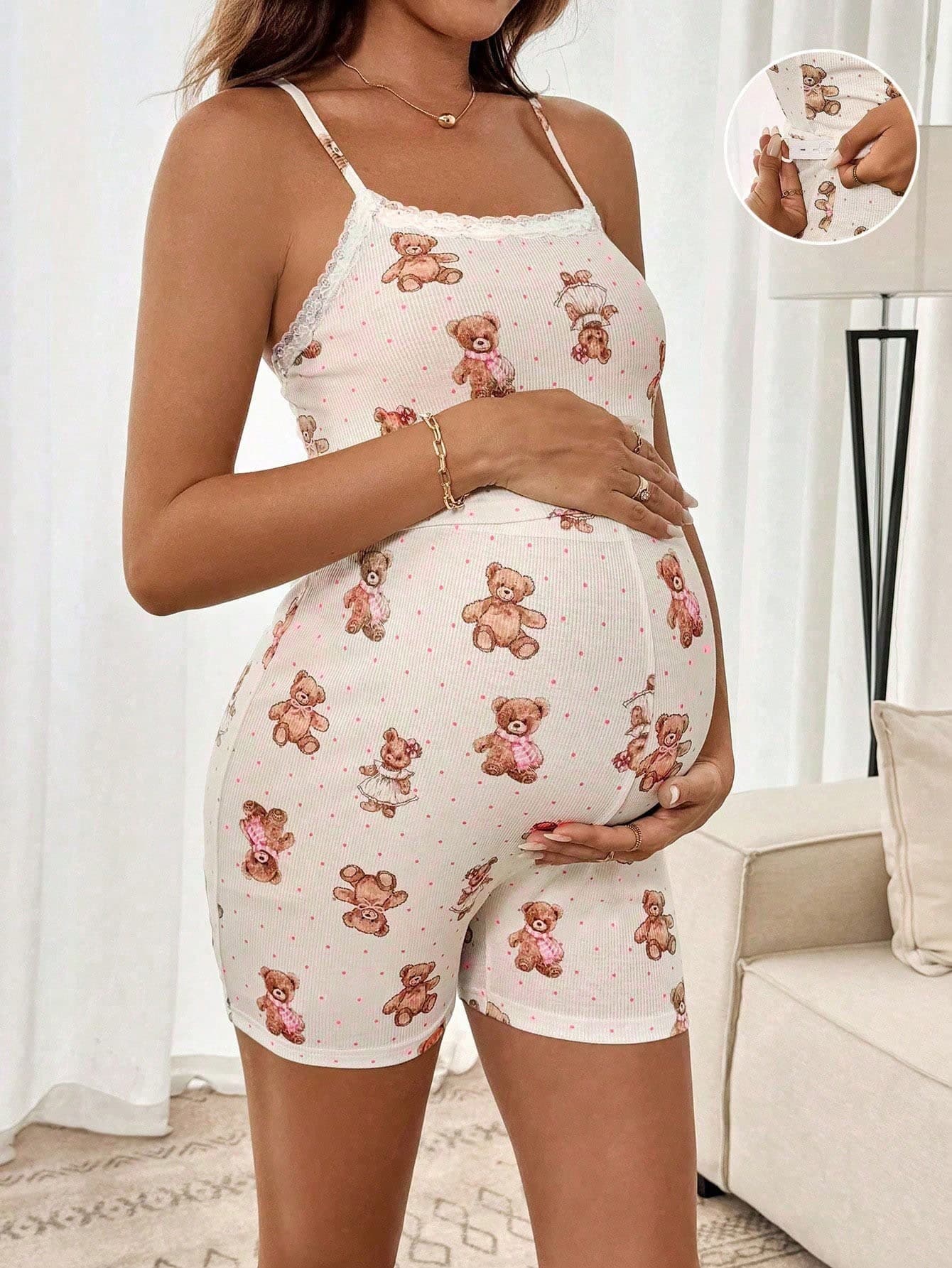 Slowluna 2pcs/Set Maternity Contrast Lace Cute Bear Camisole And Adjustable Waist Shorts, Casual Outfit