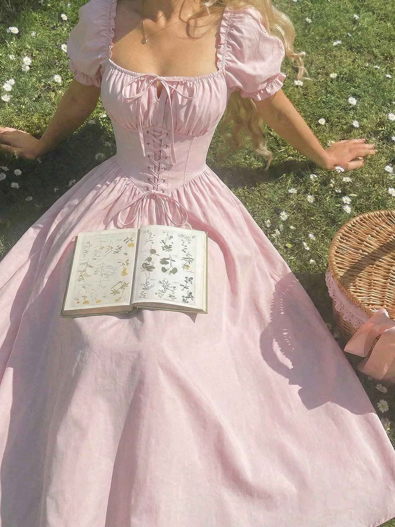 Skyraze Women's Blush Pink Square Neck Puff Sleeve Dress,Cottage Core Victorian Vintage Milkmaid Corset Dress,Summer Picnic Elegant Wedding Guest Midi Dress