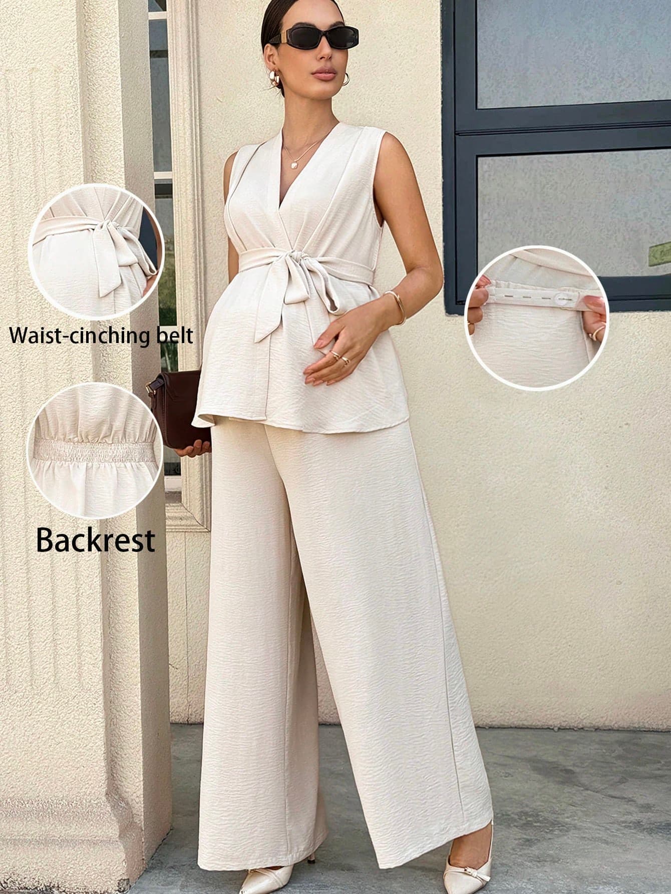 MaterniWear Elegant Maternity Summer Peach 2pcs Set,Pregnant Women Linen Sleeveless Tank Top And Wide Leg Pants,Old-Money Style Work Photoshoot Outfit With Belt