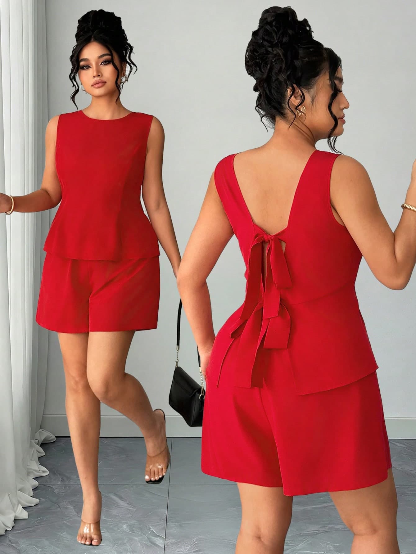Elenzga Women's Red Summer Elegant Party 2-Piece Set:Bowknot Back Crop Top+Shorts,Chic Sleeveless Short Jumpsuits Rompers Romper Dress For Woman 2 Piece Sets