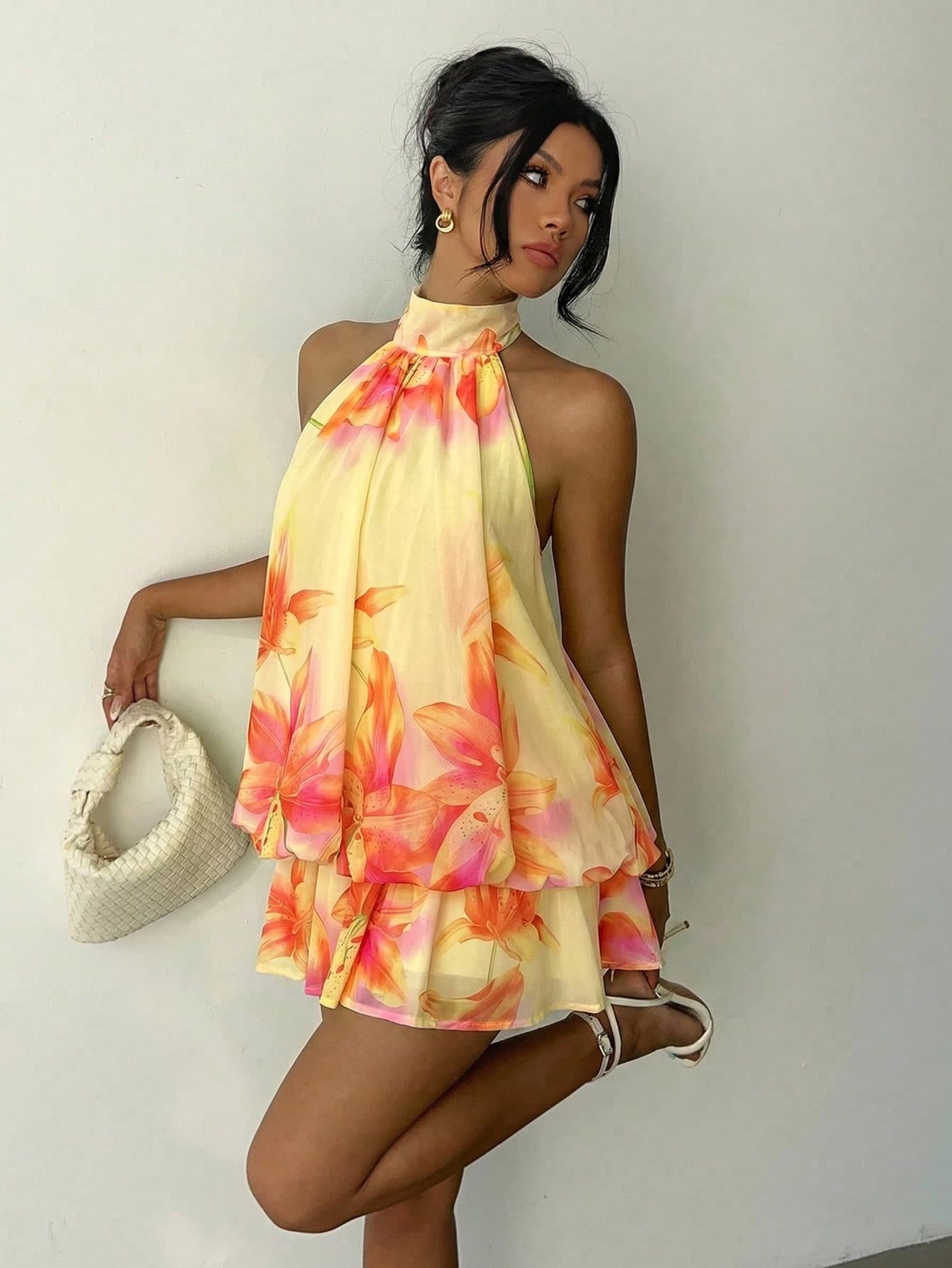 Aloruh Women's Elegant Light Yellow Halter Neck Tie Mini Dress,Summer Dresses For Women
