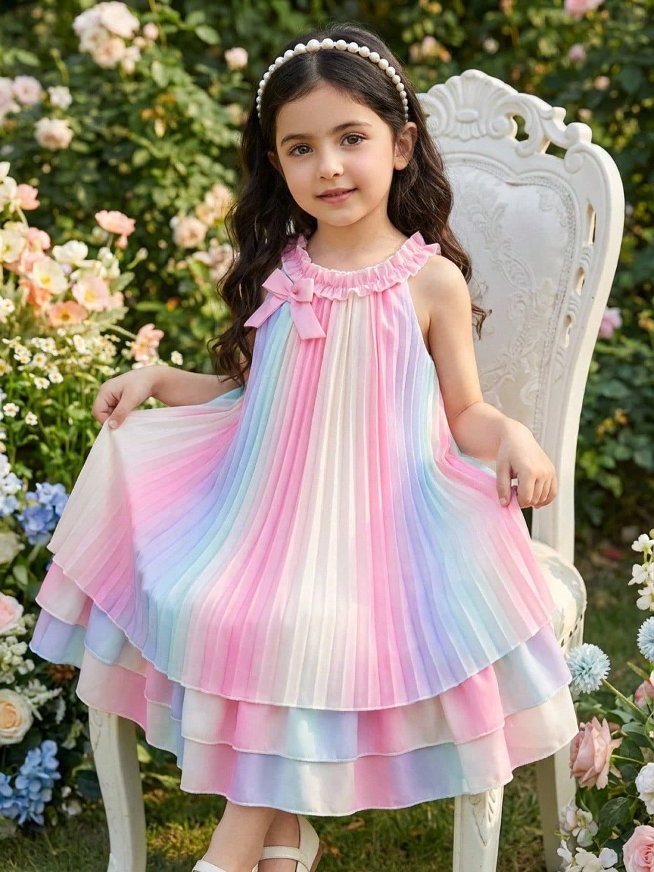 SHEIN Glamorique Kids Young Girls Sleeveless Baby Purple Tiered Layer Short Dress, Summer Fairy Birthday 7th Birthday Outfit, Round Neck Pleated Dress