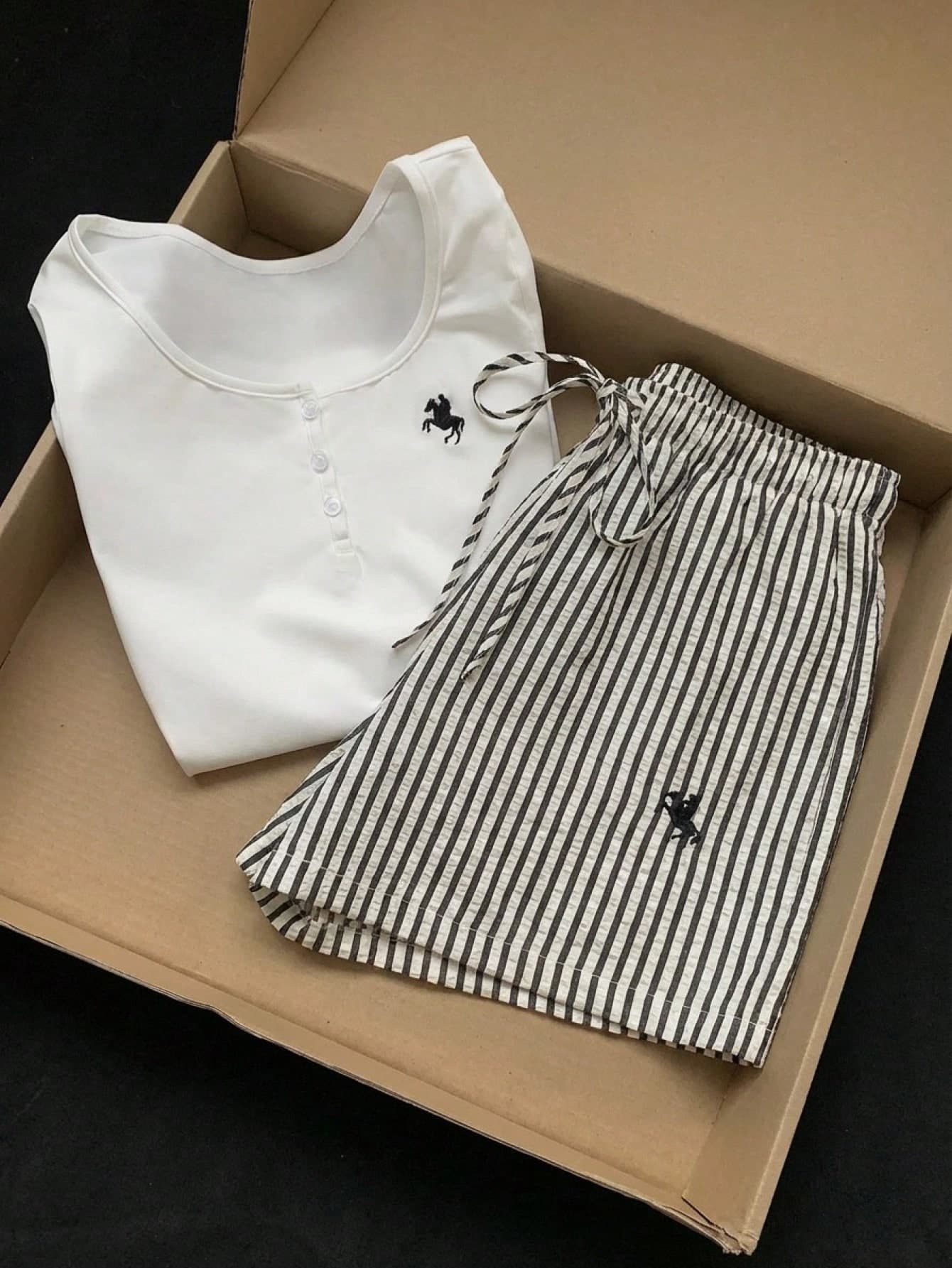 Comfortcana Women's Knight Embroidery Short Sleeve T-Shirt And Black And White Striped Shorts 2-Piece Set,Summer Casual Everyday Vacation Beach Outfits 2000s