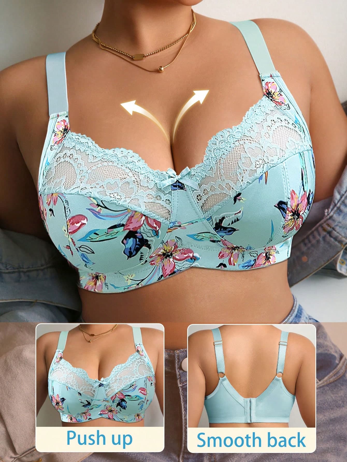 DesireSculpt 1pc Plus Size Lace Patchwork Wireless Bra