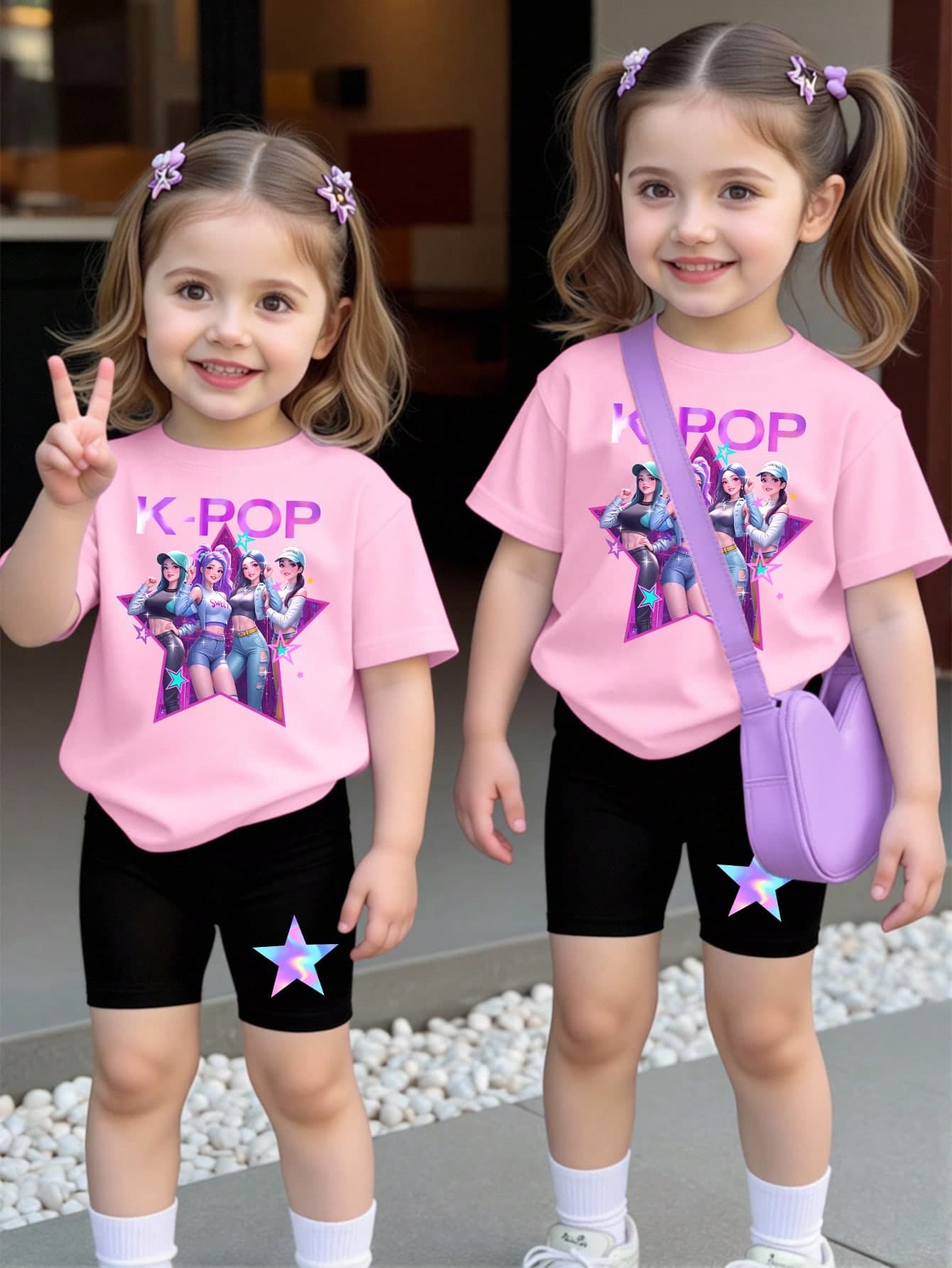 2pcs/Set Baby & Toddler Girls Light Pink Summer Casual Cute Graphic Holiday Outfit,Letter Print Tee & Bike Shorts,Fashion Polka Dot Patchwork Uniform