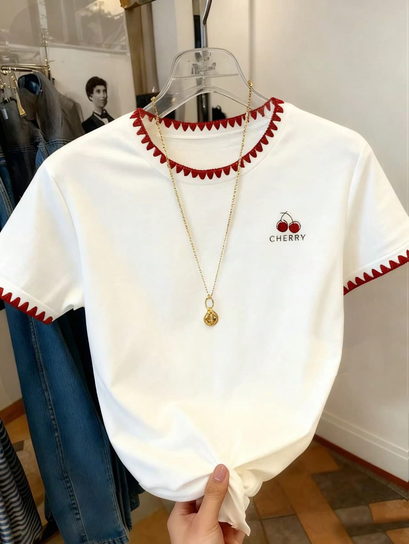 1pc Teen Girl White Summer Cute Graduation New Sweet Minimalist Bow & Cherry Print Shirt,Decorated With Embroidered Collar,Short Sleeve Casual T-Shirt