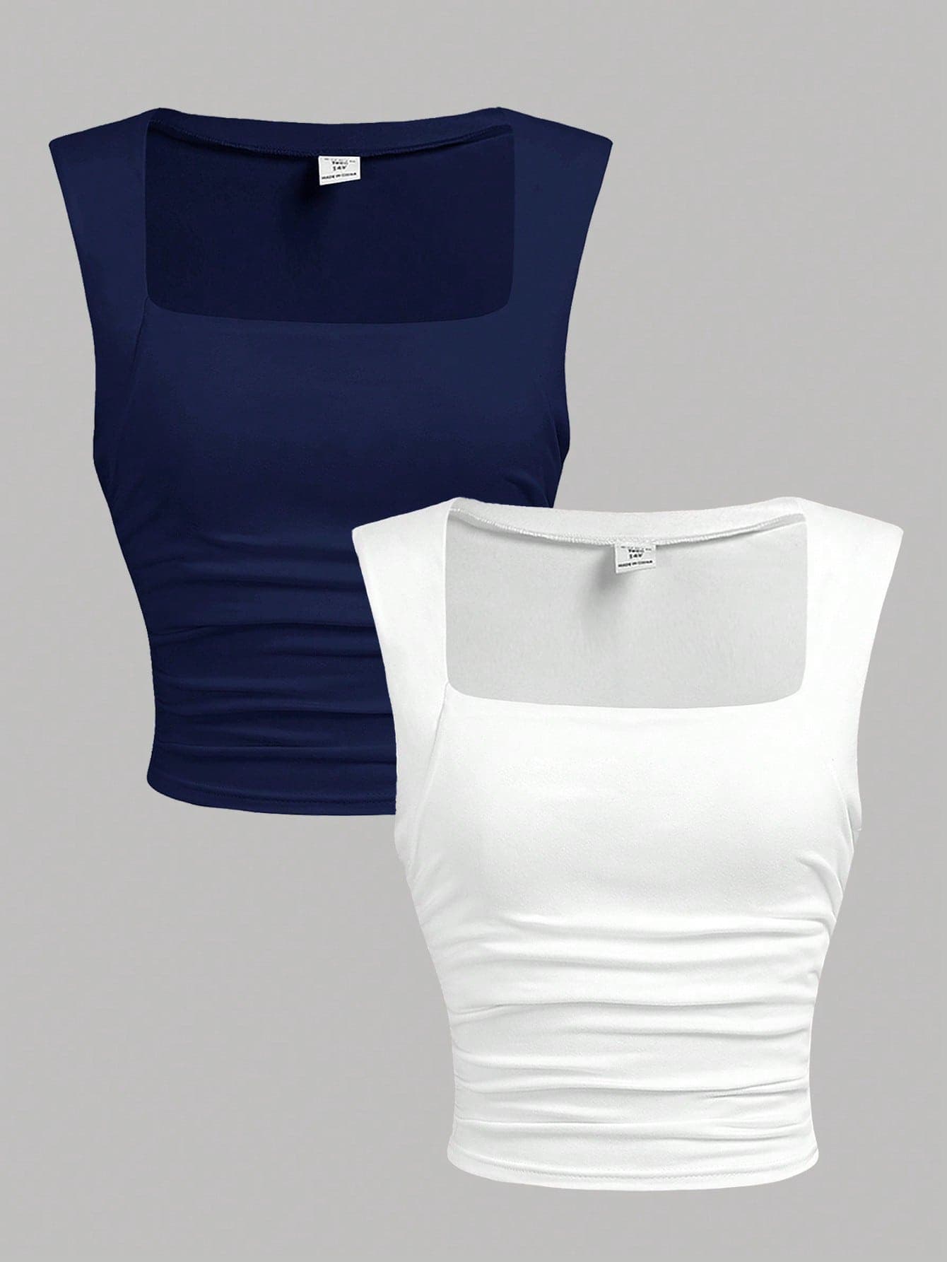 SHEIN Girlism 2 Pack Kids Teen Girls Navy & White Summer Casual Beach Outfits,Knit Ruched Waist Sleeveless Crop Top Set,Women's Square Neck Fitted Tight Tops