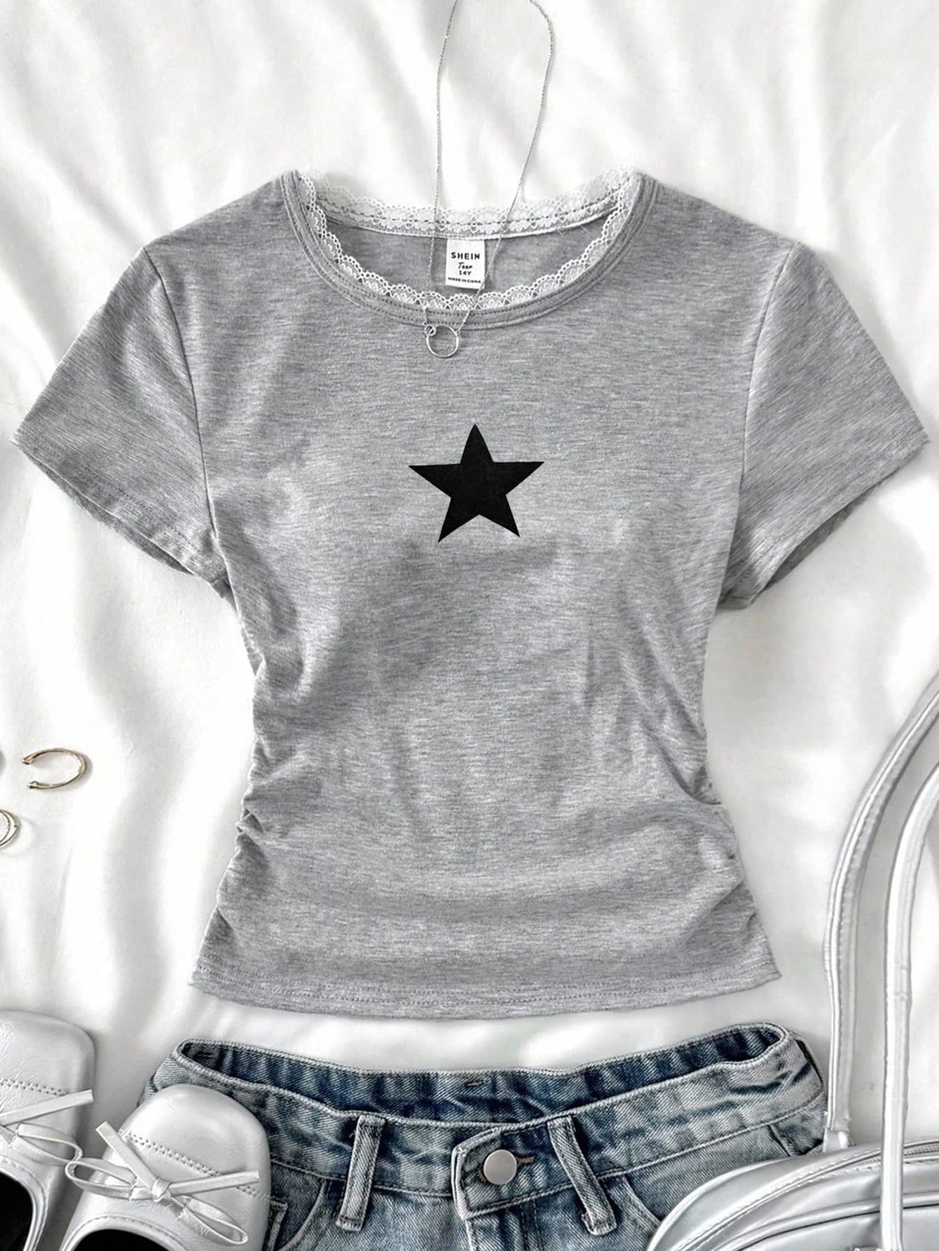 Teen Girl Cute Summer Star Pattern Short-Sleeved T-Shirt,Side Waist Pleated Design,Knitted Round Neck Pullover,Graduation Basic Casual Style Wear