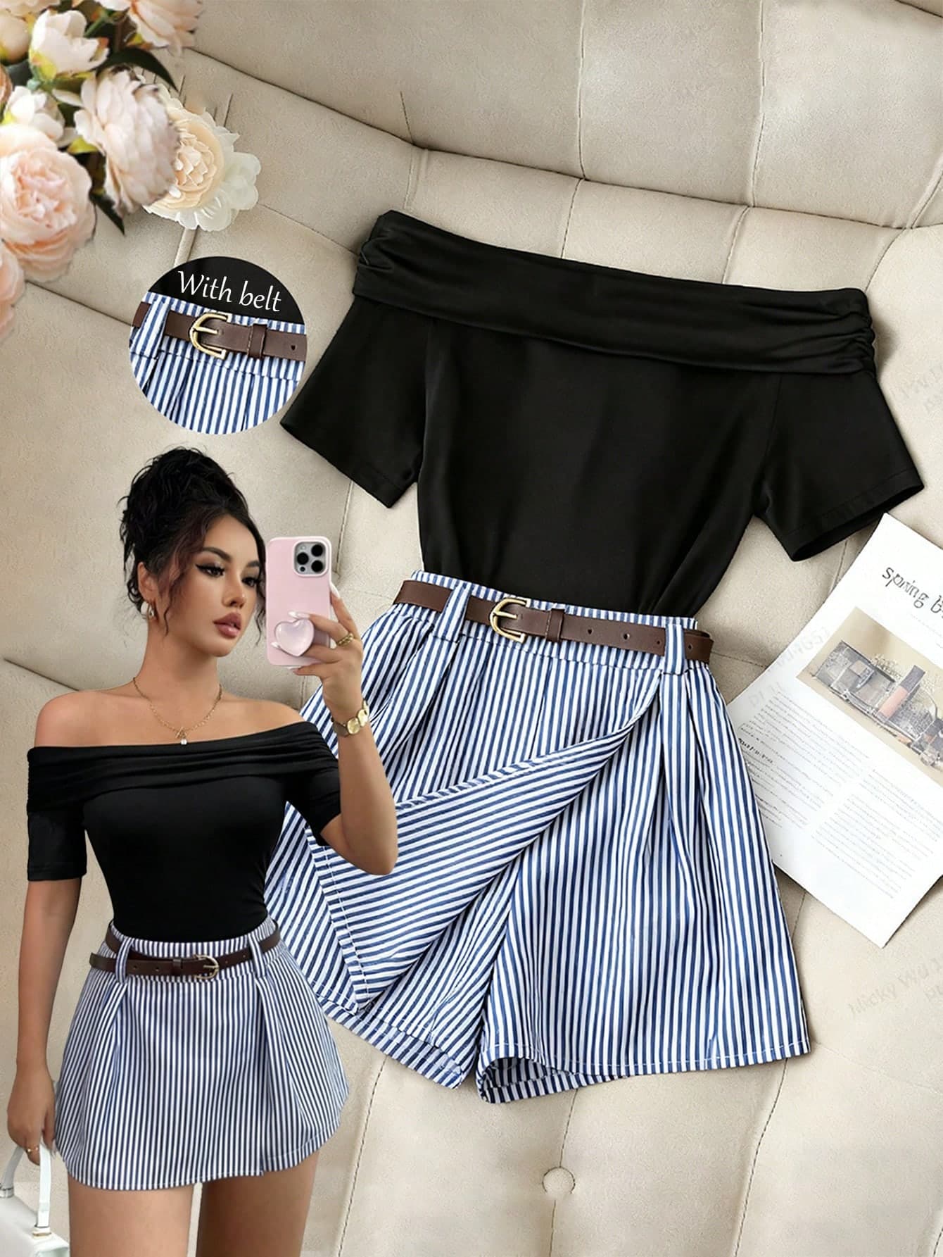 Franclia Elegant Women's 2pcs Summer Outfit,Off-The-Shoulder Black Fitted T-Shirt & Blue And White Striped Shorts With Belt,Casual Brunch Commuter Suit Set
