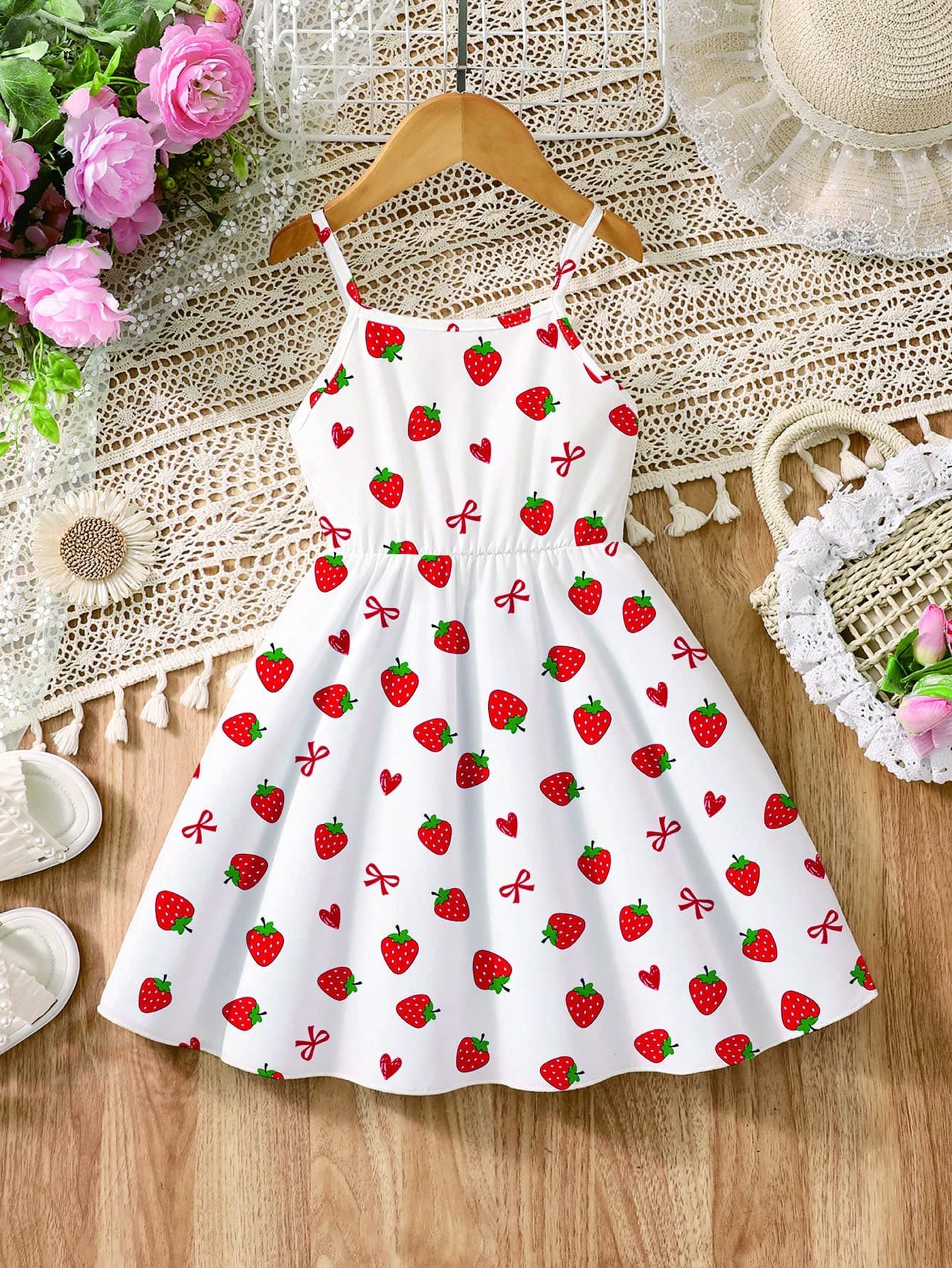 Elladie kids 1pc Young Girl Strawberry Bow Knot Print Cami Dress Back To School Dress