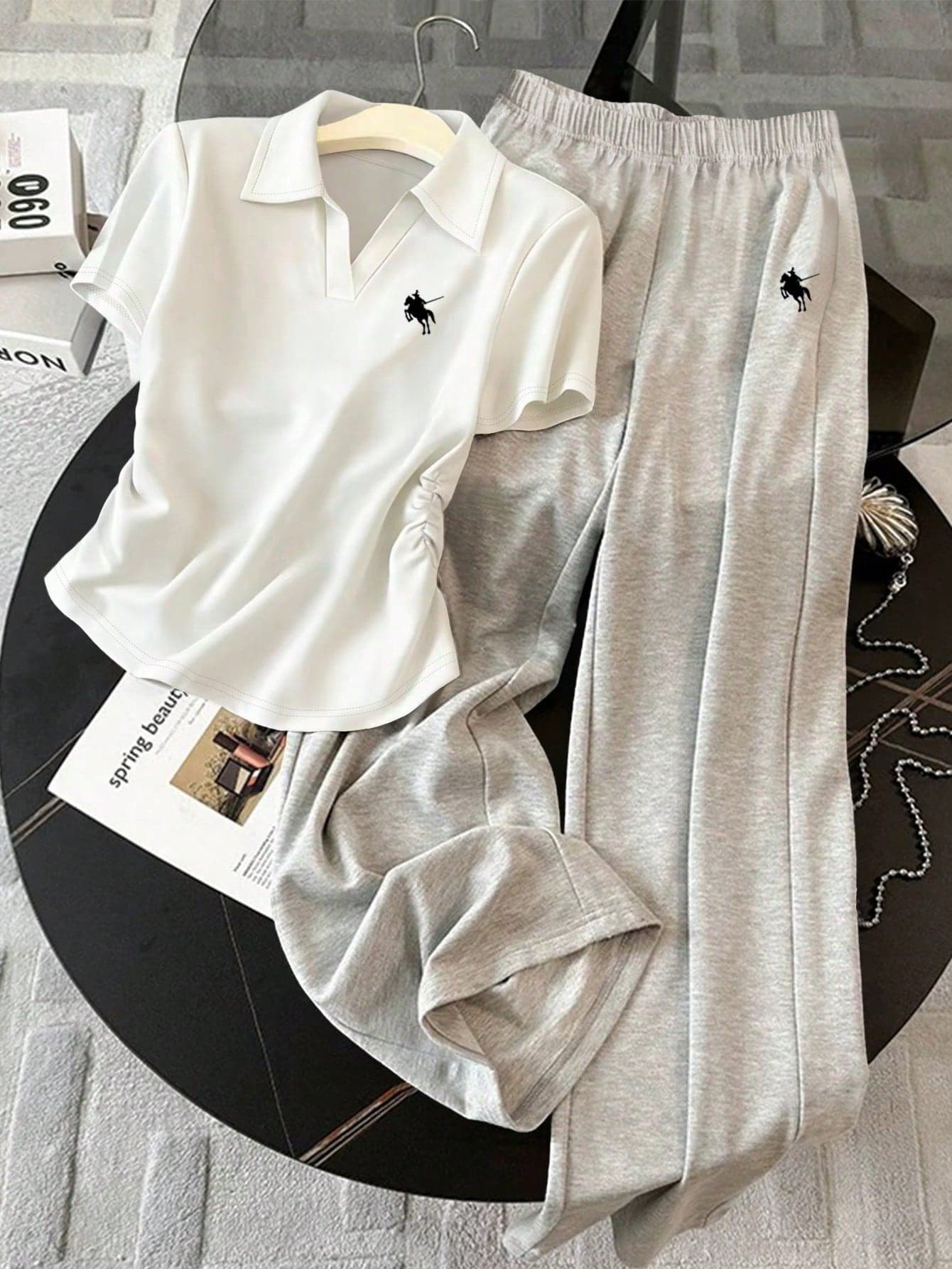 Resyla Women's Knight Print Short Sleeve T-Shirt And Wide Leg Pants Casual 2 Pieces Set