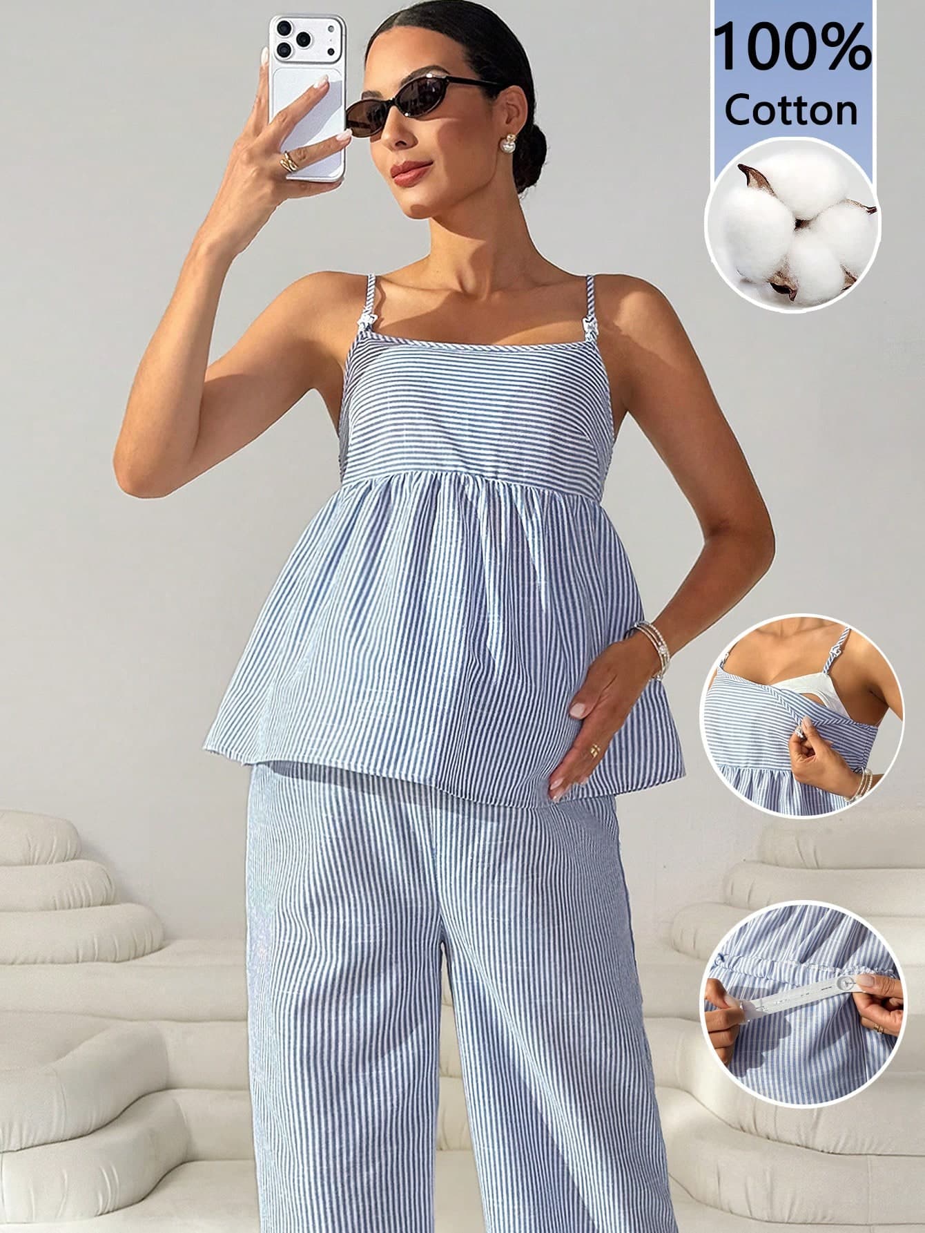 MaterniWear Blue Striped Ruffled Camisole And Adjustable Belted Pants Maternity Two-Piece Set, Summer Casual Women's Cotton Nursing Top Set.Business