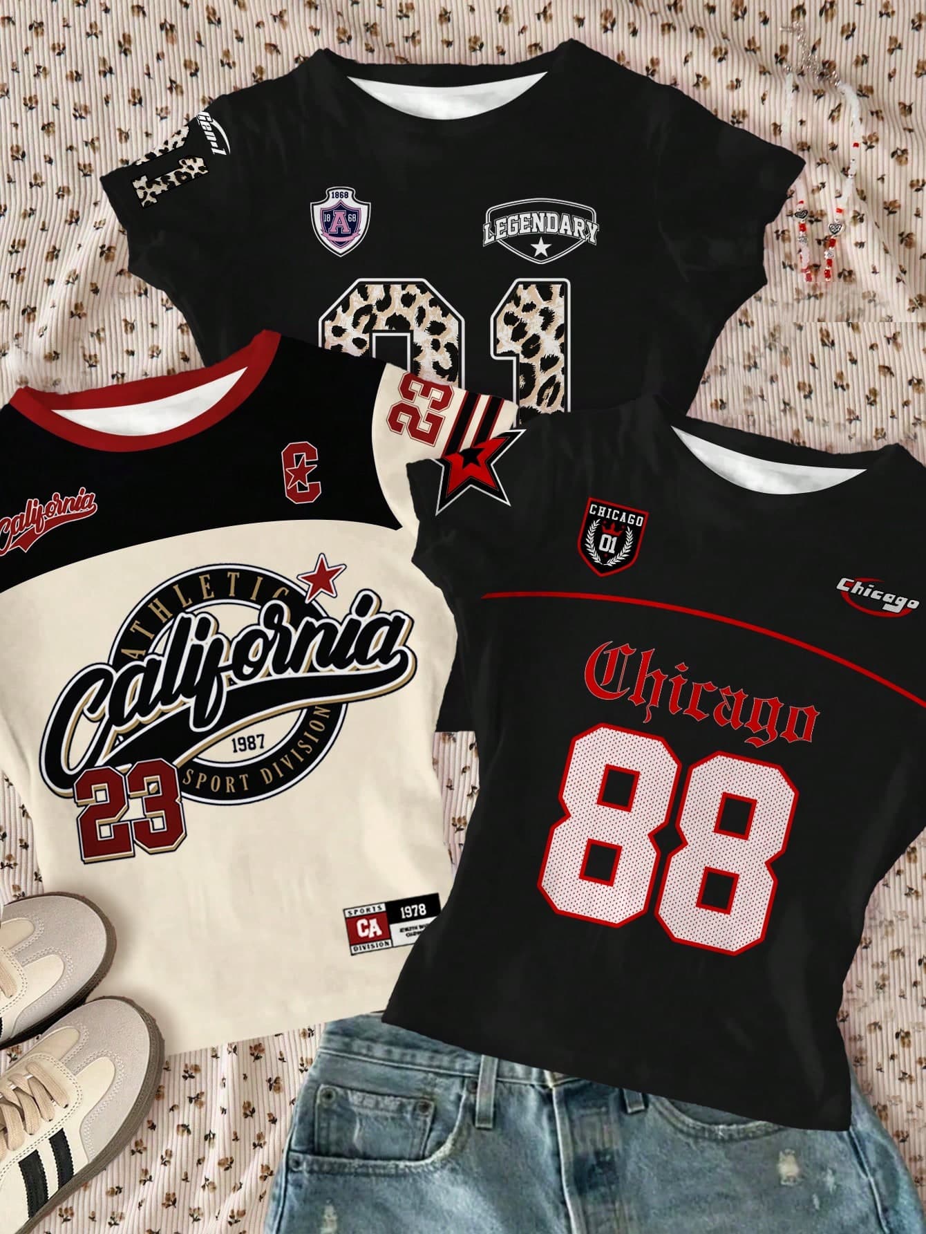 3pcs/Set Tween Girls' Slim Fit Short Sleeve T-Shirt,Black,Summer,Streetwear,School,Back-To-School,Number Graphic Print,Sporty Jersey Blockcore Tee