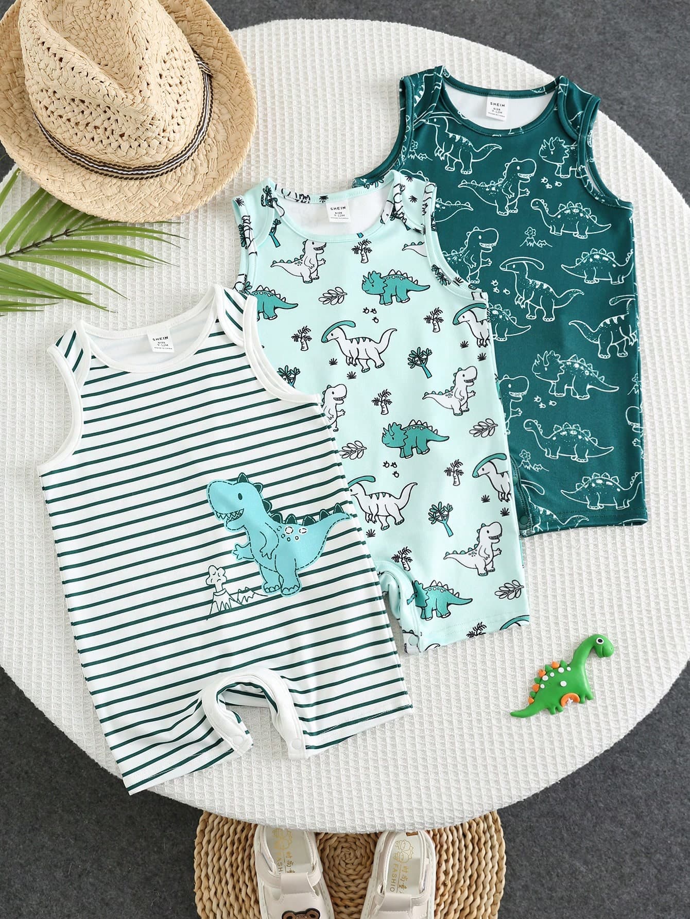 SHEIN 3pcs/Set Newborn Unisex Baby Clothes,Cute Summer White Dinosaur Print Sleeveless Romper,Casual Home Wear Infant Bodysuit For Boys Birthday Party