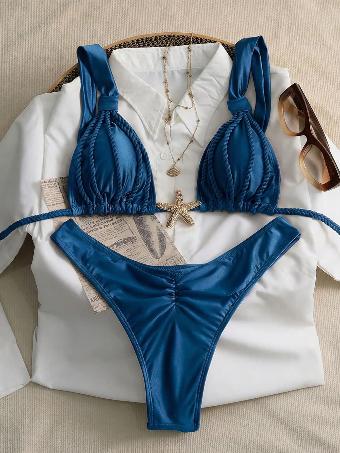 Swim Chiccia Women's 2-Piece Ruffled Strap Bikini Set,Teal Blue,Summer,Tropical,Vacation,Holiday Vintage Beach Outfits Swimwear Bathing Suit Conservative Top