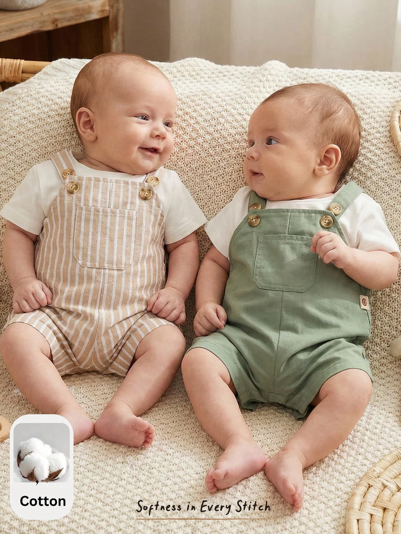 Cozy Pixies 2pcs/Set Newborn Baby Casual Versatile Daily Wear Bib Overalls&Shorts Retro Boy Clothes Natural New Born Twin Neutral Unisex Matching