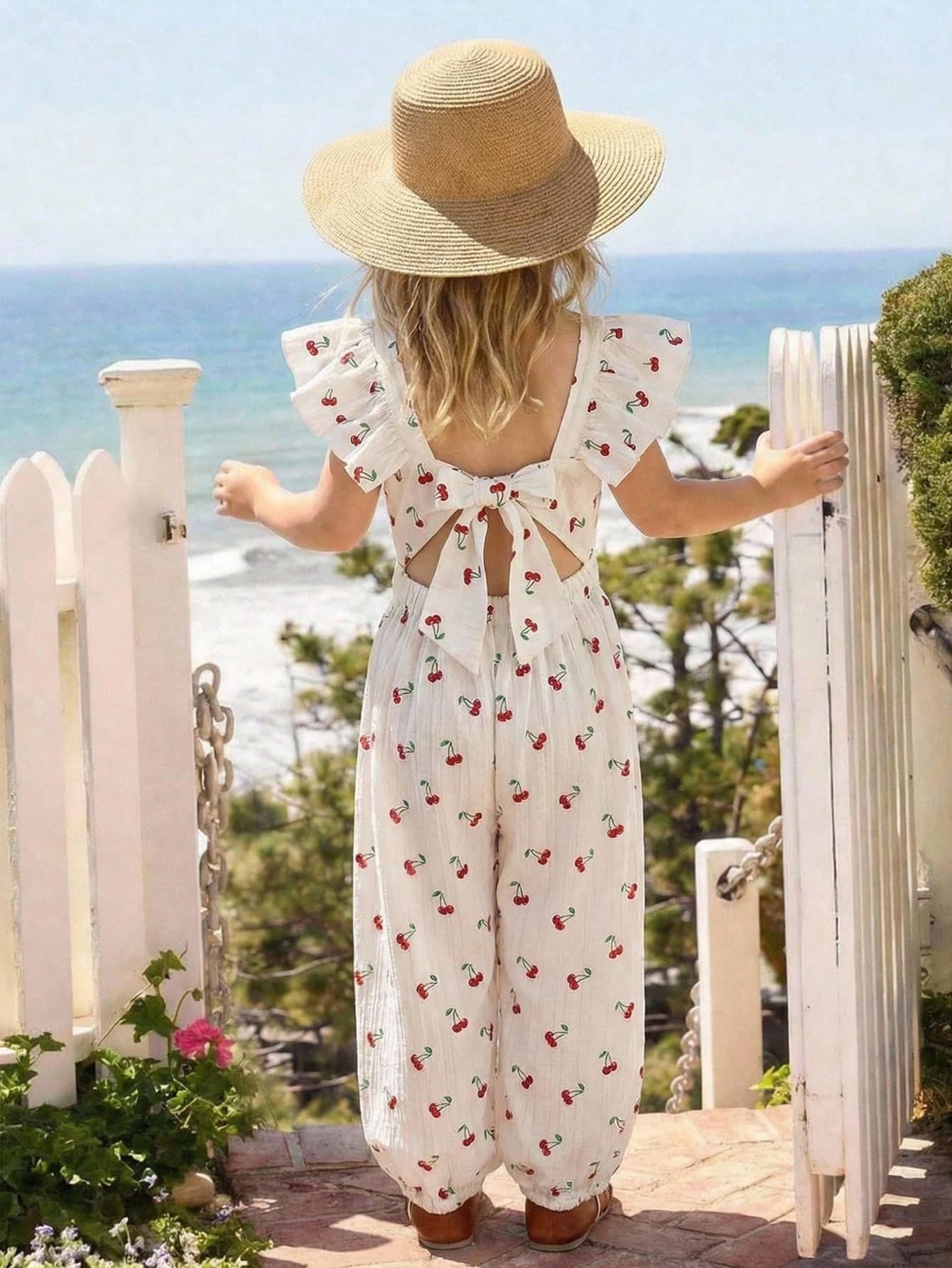 SHEIN X Scheana LMoss Kids Young Girl Woven Solid Color Ruffle Hem Jumpsuit,Girls Floral Cherry Kids Summer Vacation Outfit Little