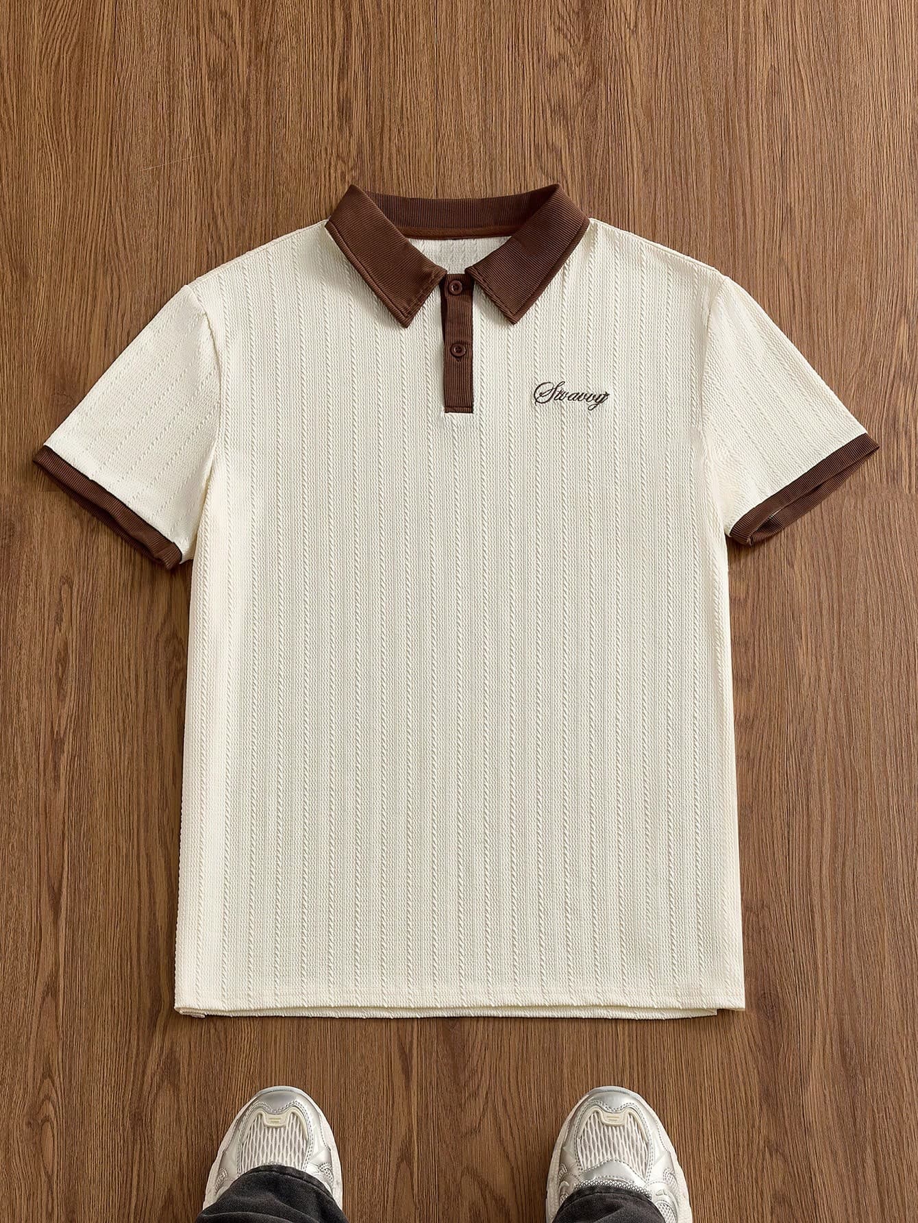 SWAVVY Men's Letter Embroidery Contrast Color Short Sleeve Polo Shirt Men Style Polo