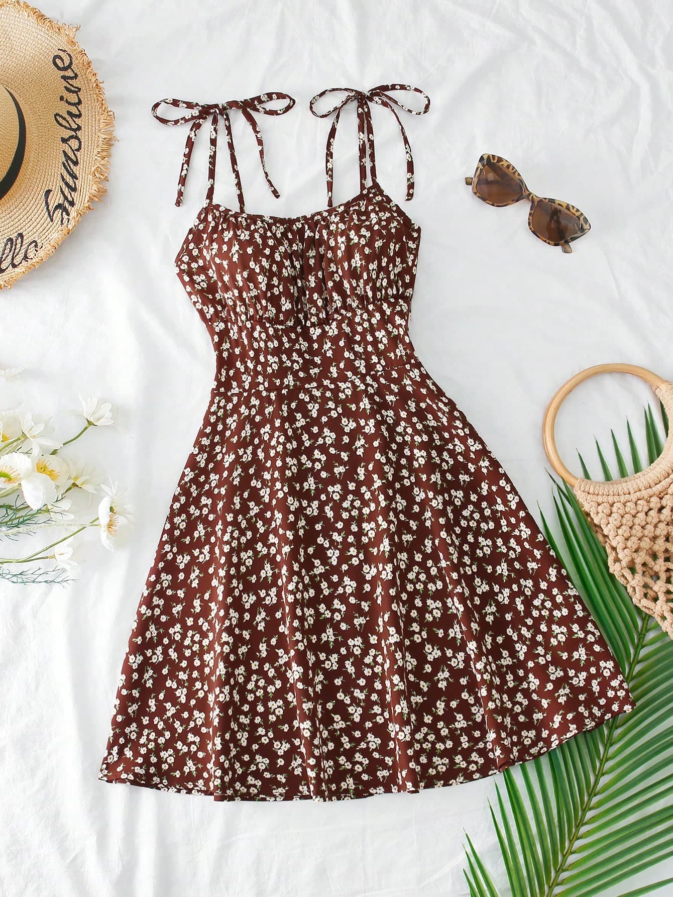 SHEIN Franclia Women's Spaghetti Strap Tie Cord Ditsy Floral Mini Dress