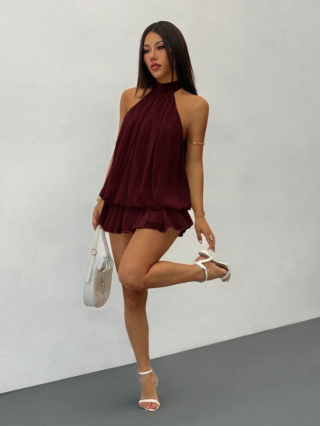 SHEIN PETITE Elegant Sleeveless Tie-Neck Mini Dress In Pale Yellow, Suitable For Party, Date, Autumn/Winter And Spring/Summer,Summer Dresses For Women ,Petite Women