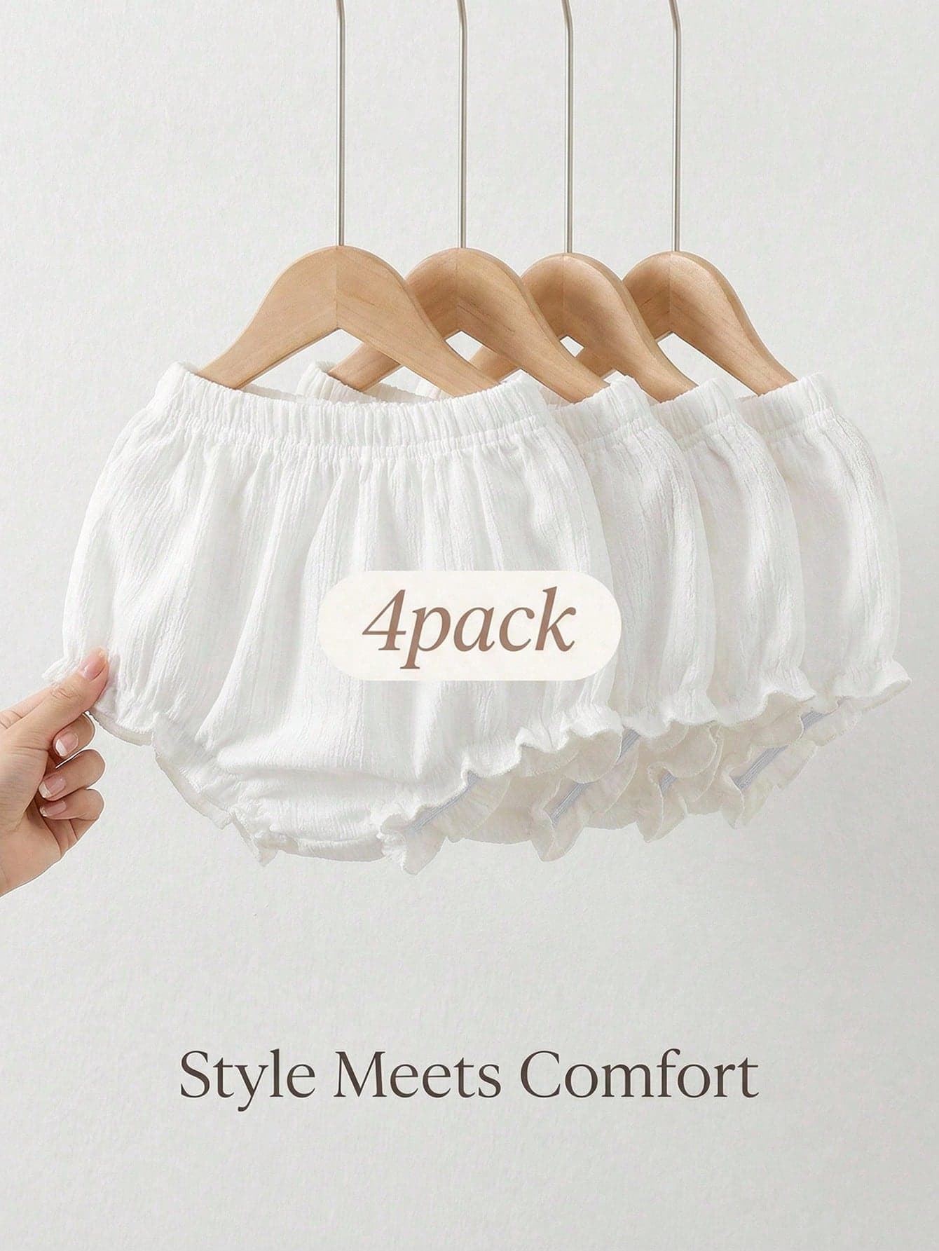 SHEIN Playful Pals 4pcs Baby Girl White Summer Basic Solid Ruffle Trim Elastic Waist Bloomers Soft Thin Casual Holiday Shorts Pants Bottoms Briefs Clothing Sets