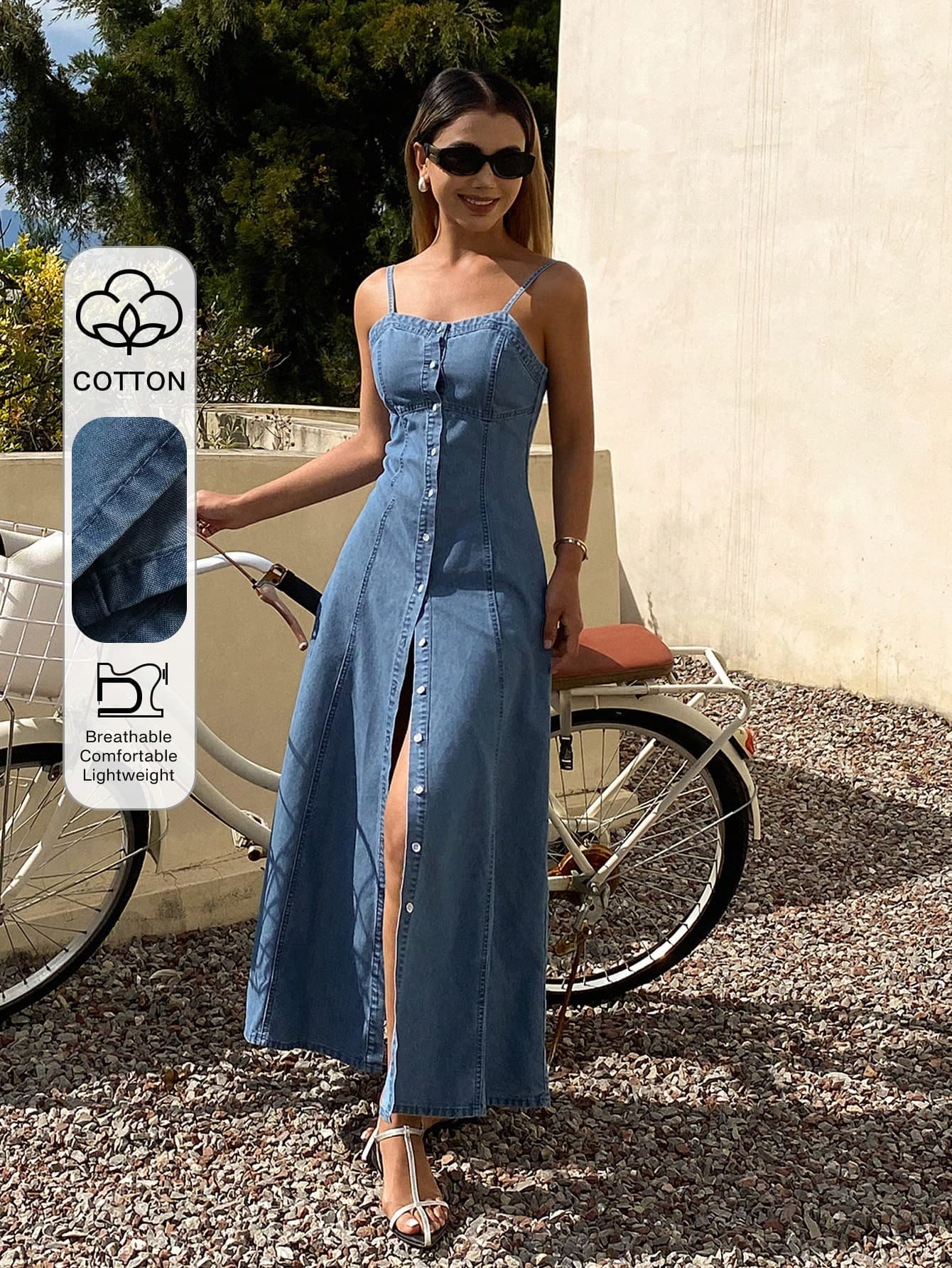 DAZY Women's Sleeveless Waist Cinched Long Casual Denim Dress