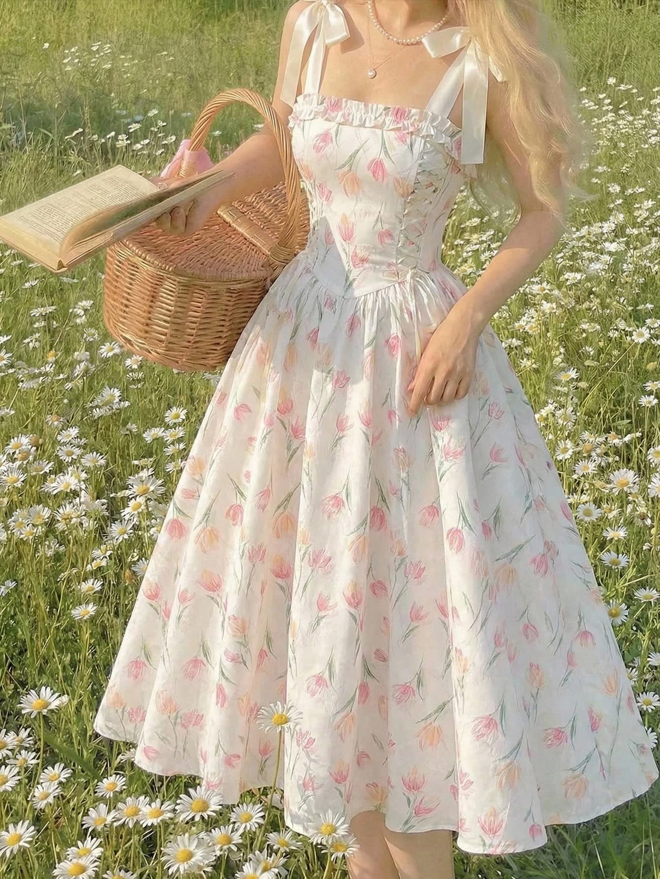 Skyraze Women White And Pink Bowknot Strap Floral Long Dress,Summer Modest Picnic Graduation,Easter & Wedding Guest Dress,Elegant Birthday Vacation Outfits