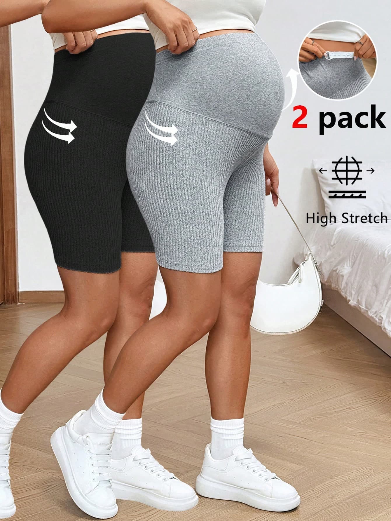 SHEIN 2 Pack Maternity Ribbed Biker Shorts,Black Sommar Casual Concert Jogging High Stretch Adjustable Waist Leggings For Pregnant Women's Everyday Outing