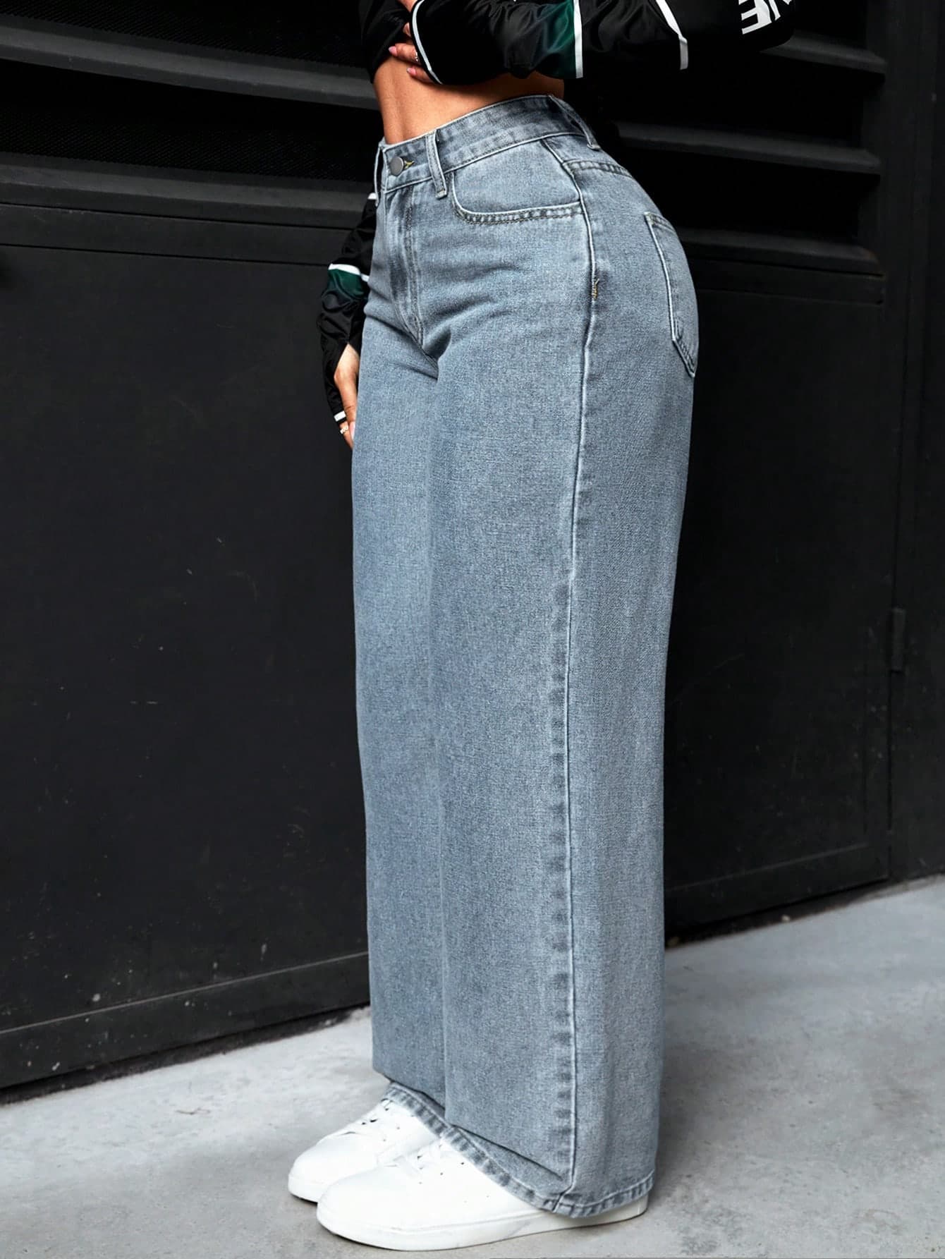 SHEIN PETITE Women's Casual Denim Pants With Pockets ,Petite Women