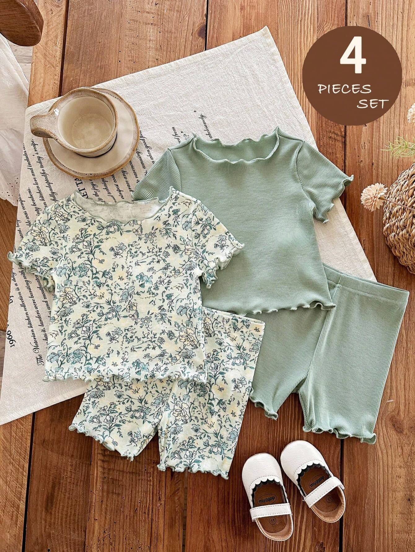 SHEIN LMoss Kids 4pcs Baby Girl Floral Print Round Neck Short Sleeve Shorts Knit Pajama Set Summer Toddler Sets Spring Cotton Two Piece