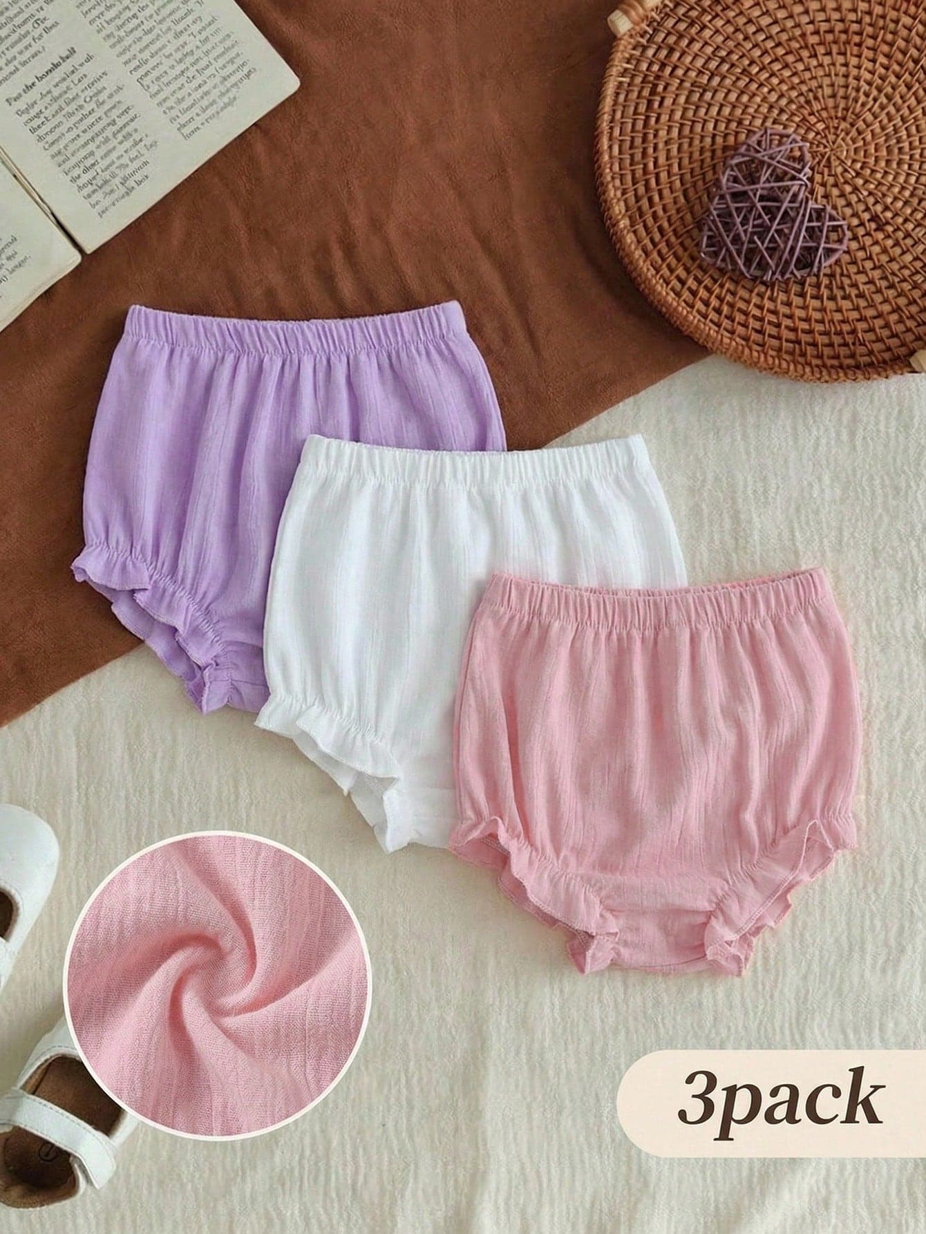 Souflis Souflis 3 Packs Baby Girl Cute Purple Solid Color Ruffle Trim Ruched Bloomer Shorts Bottoms Soft Squishy Fashion Summer Holiday Clothes Set For Beach Vacation