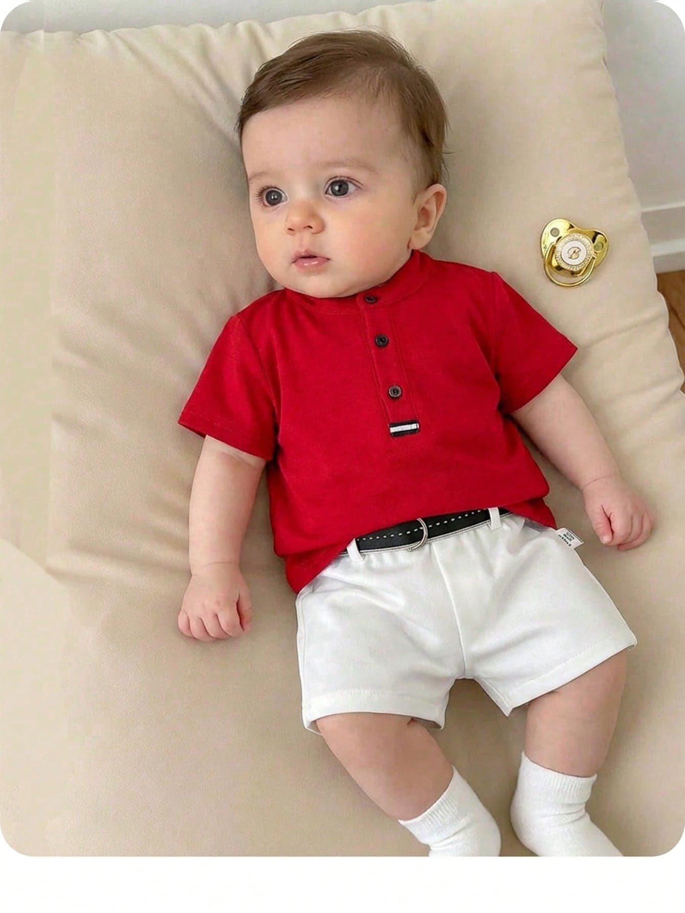 Newborn Baby Boy Cute Collegiate Style Knit Red Short Sleeve Top And Elastic Waist Shorts Set