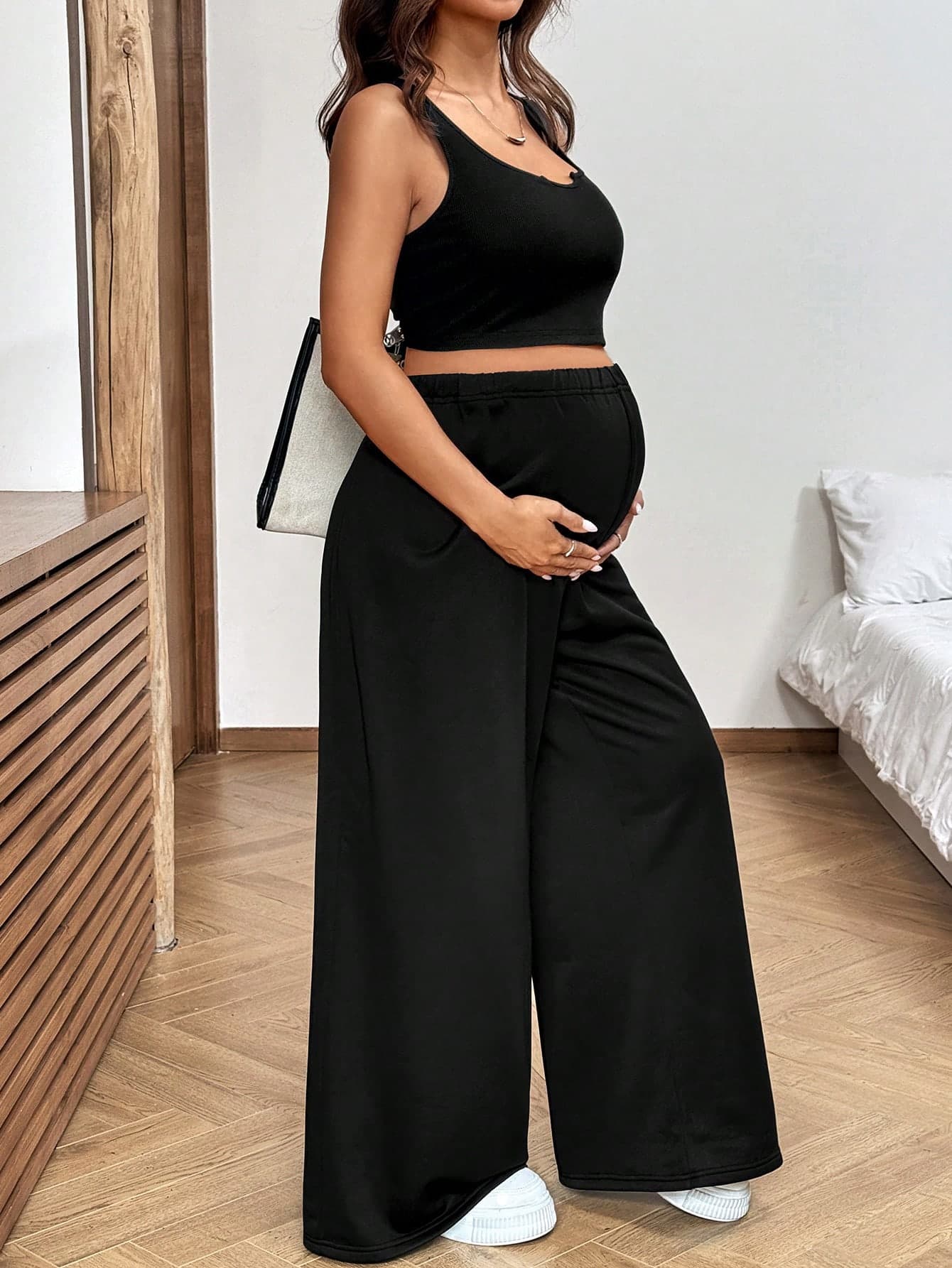 SHEIN Maternity Summer Casual Solid Color Cropped Tank Top And Pants 2 Pieces Set