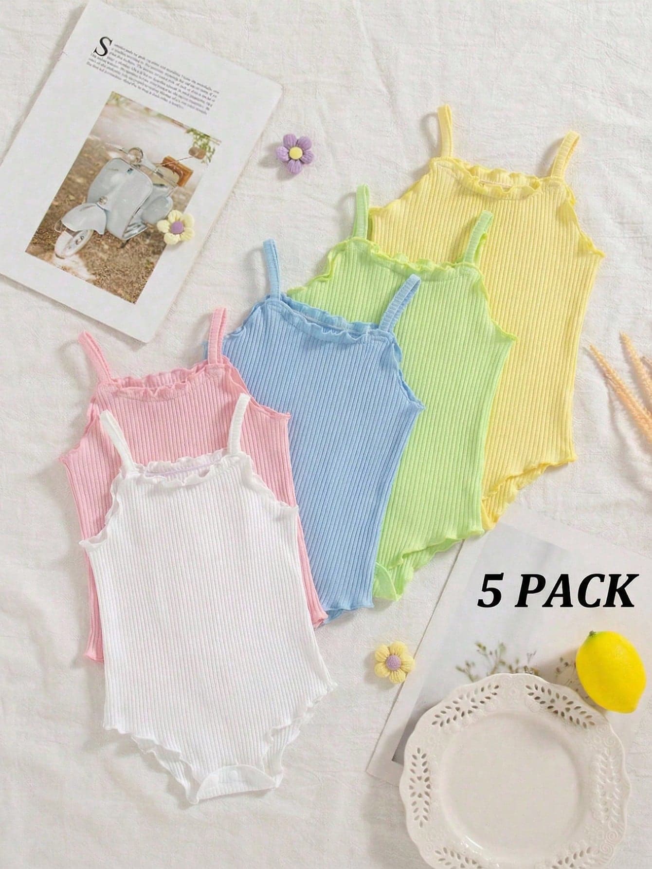 SHEIN Playful Pals 5 Packs Baby Girl Y2K Style Cute White Summer Family Matching Ribbed Knit Lettuce Trim Sleeveless Tank Top Camisole Bodysuit One Piece Outfits Sets