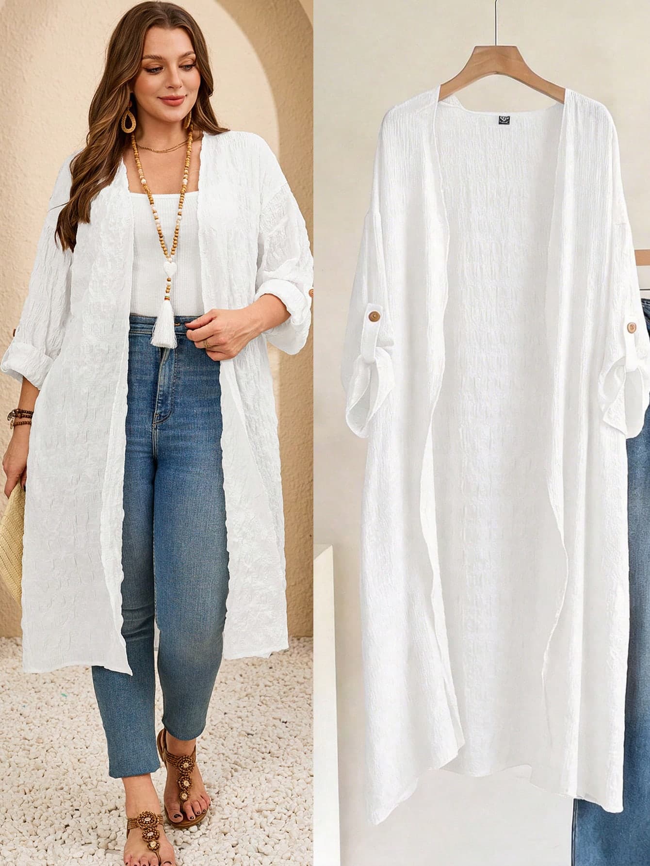 EMERY ROSE Plus Size Women Solid Color Casual White Coat,Bohemian Holiday Beach Vacation,Versatile Daily Wear Long Coat,Summer Spring Fall
