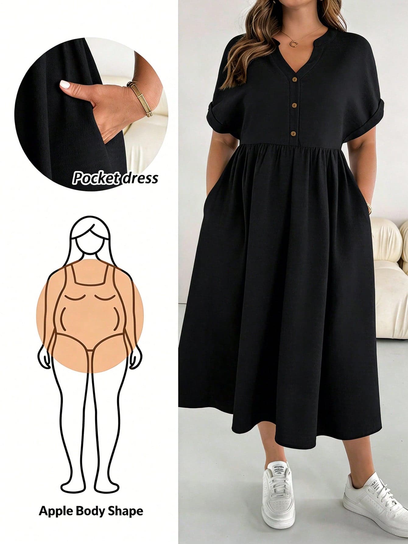 SHEIN Essnce Black Solid Color Plus Size Women's Short Sleeve Casual Vacation Dress, Suitable For Spring And Summer