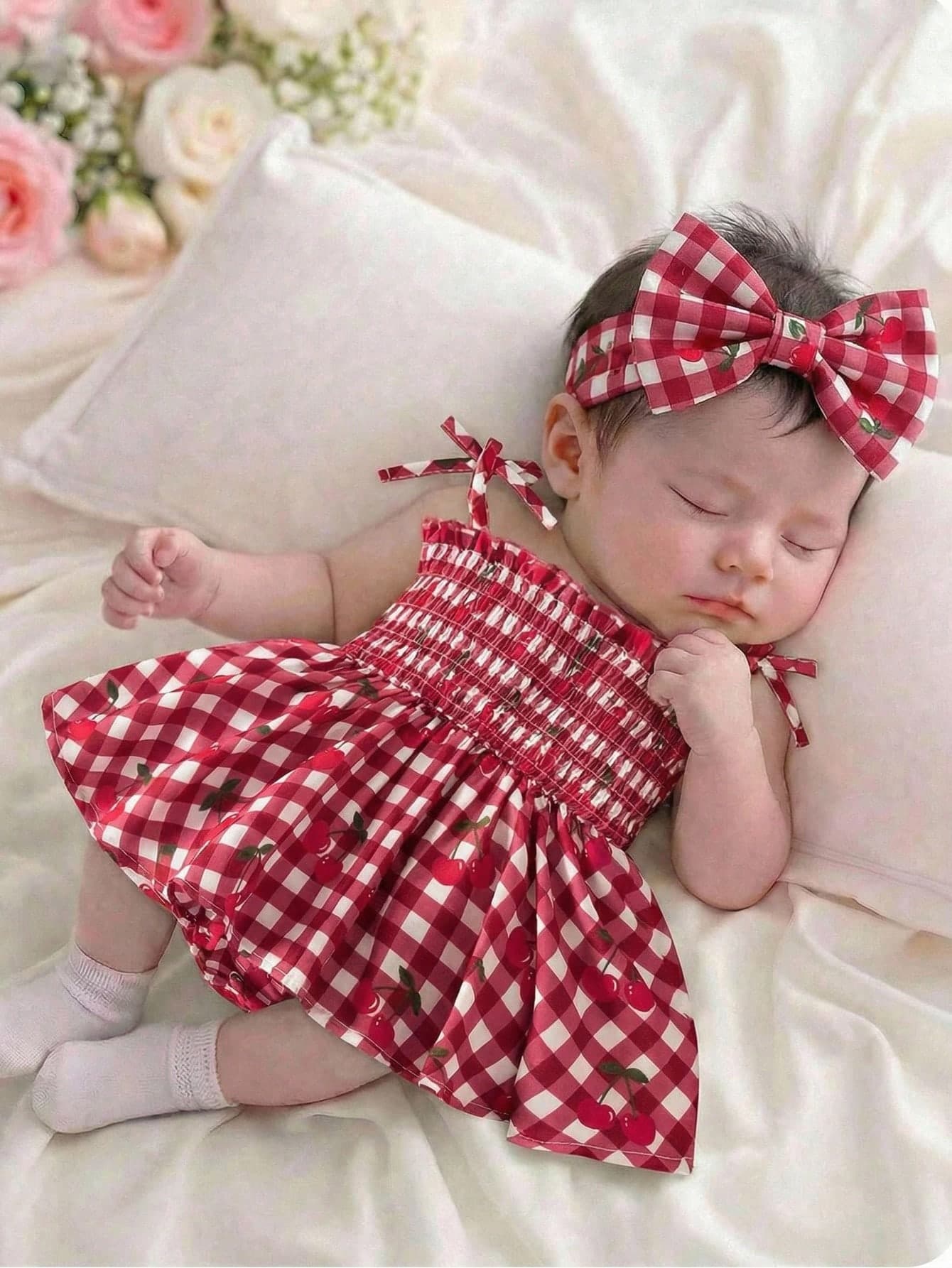 SHEIN Newborn Baby Girl Red And White Plaid Romper,Cute Summer Strawberry Fruit Outfit,Ruffle Strap Overall Shorts,Casual Photoshoot Clothes For Holiday