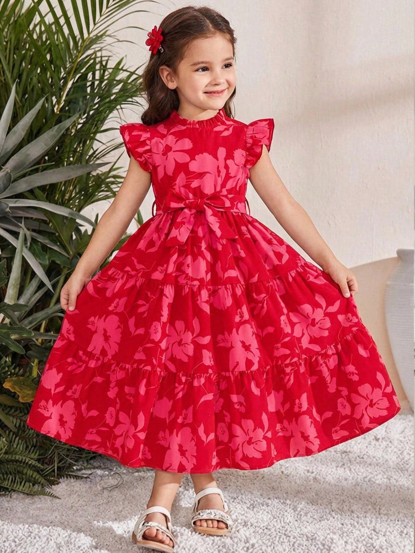 SHEIN Young Girls Red Summer Party Dress Ditsy Floral Print Ruffle Hem Tiered Elegant Formal Gowns Bow Waist Silk Jacquard Casual Dresses For Kids Tweens