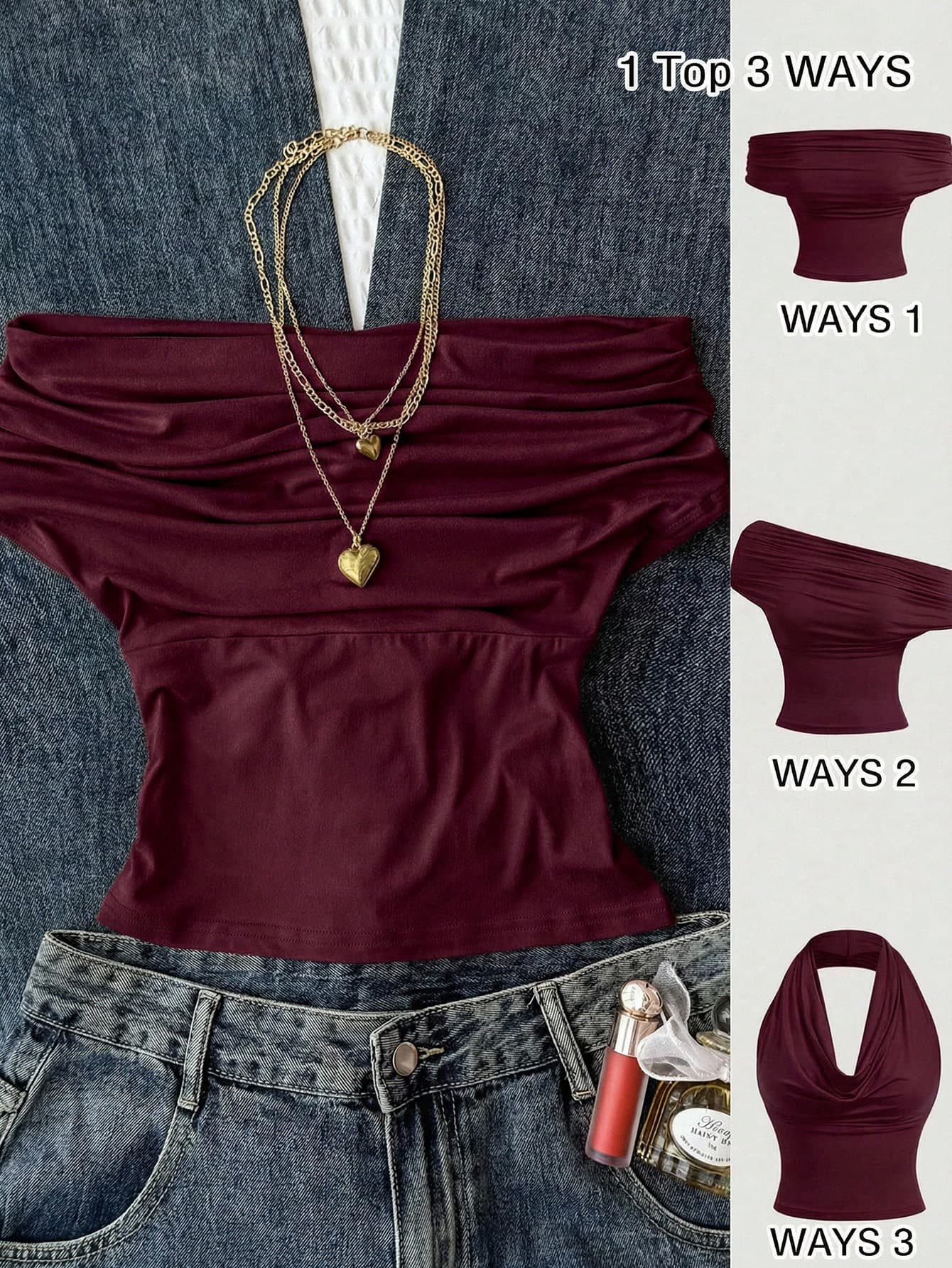 Teen Girl Versatile Burgundy Fitted Top,Autumn Casual Wear,High Neck Off-Shoulder Design,Party Elegant Strapless Wine Red Shirt,Dignified Beach Tops