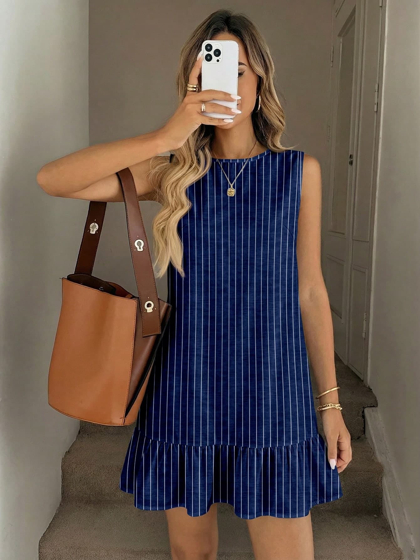 SHEIN LUNE Women's Printed Mini Dress, Suitable For Spring And Summer Sleeveless Dress Women's Summer Dresses Striped Dress Office Navy Blue And White Casual