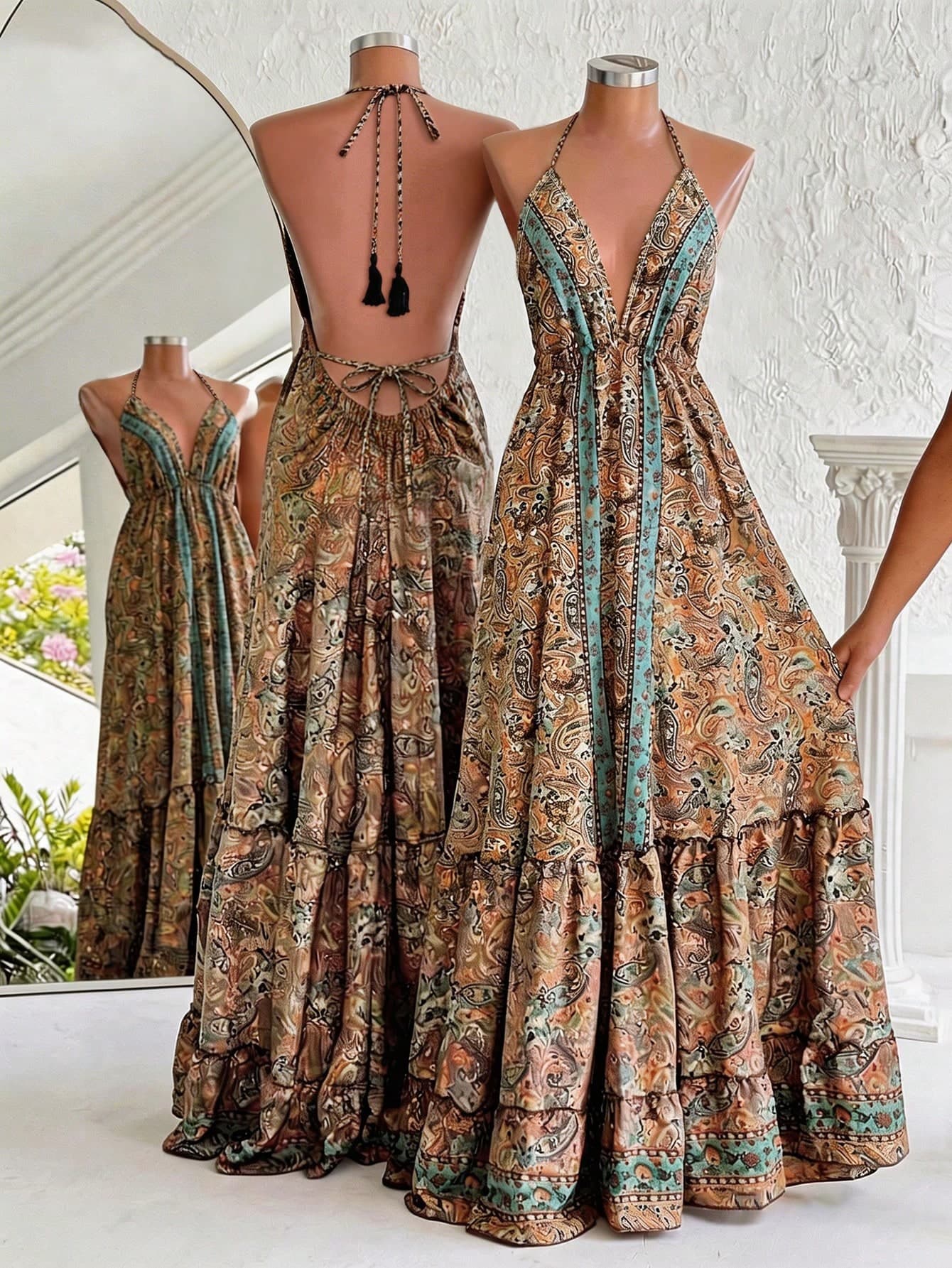 Franclia Women's Paisley Print Backless Halter Neck Long Dress,Boho All Shades Of Brown,Summer Holiday Vacation,Bohemian Resort Wear Hippie Vintage Y2k Dress