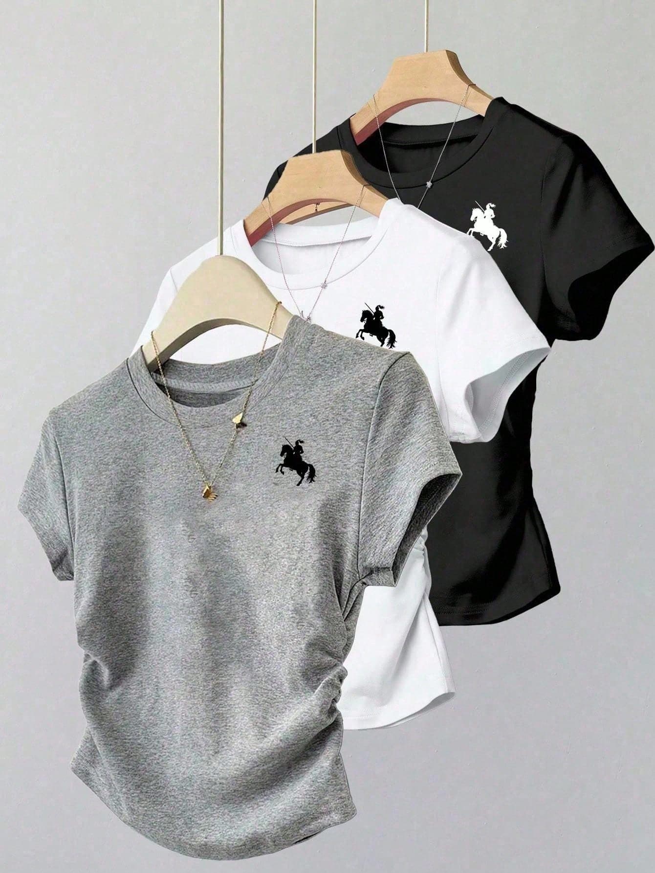 Teen Girl 3-Piece T-Shirt Ensemble,Casual Graphic Vintage Centaur Print Grey Fitted Cropped T-Shirts,Summer Back To School Graduation Essential Set