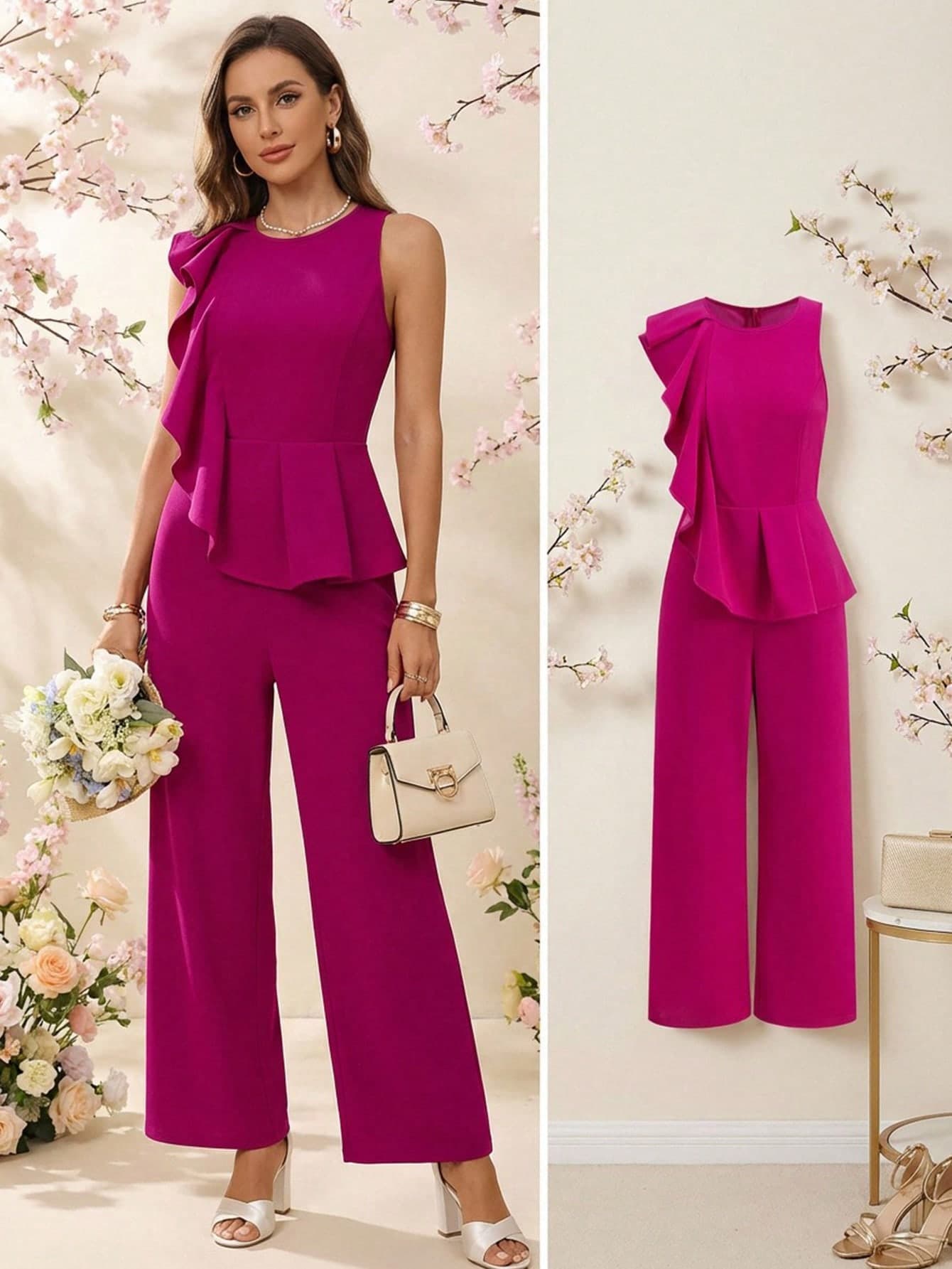 Reflora Pink,Summer,Elegant,Wedding Guest Plus Size Women's Solid Color Ruffle Jumpsuit,Commuter Spring Outfits,Valentine's Day Carnival Festival