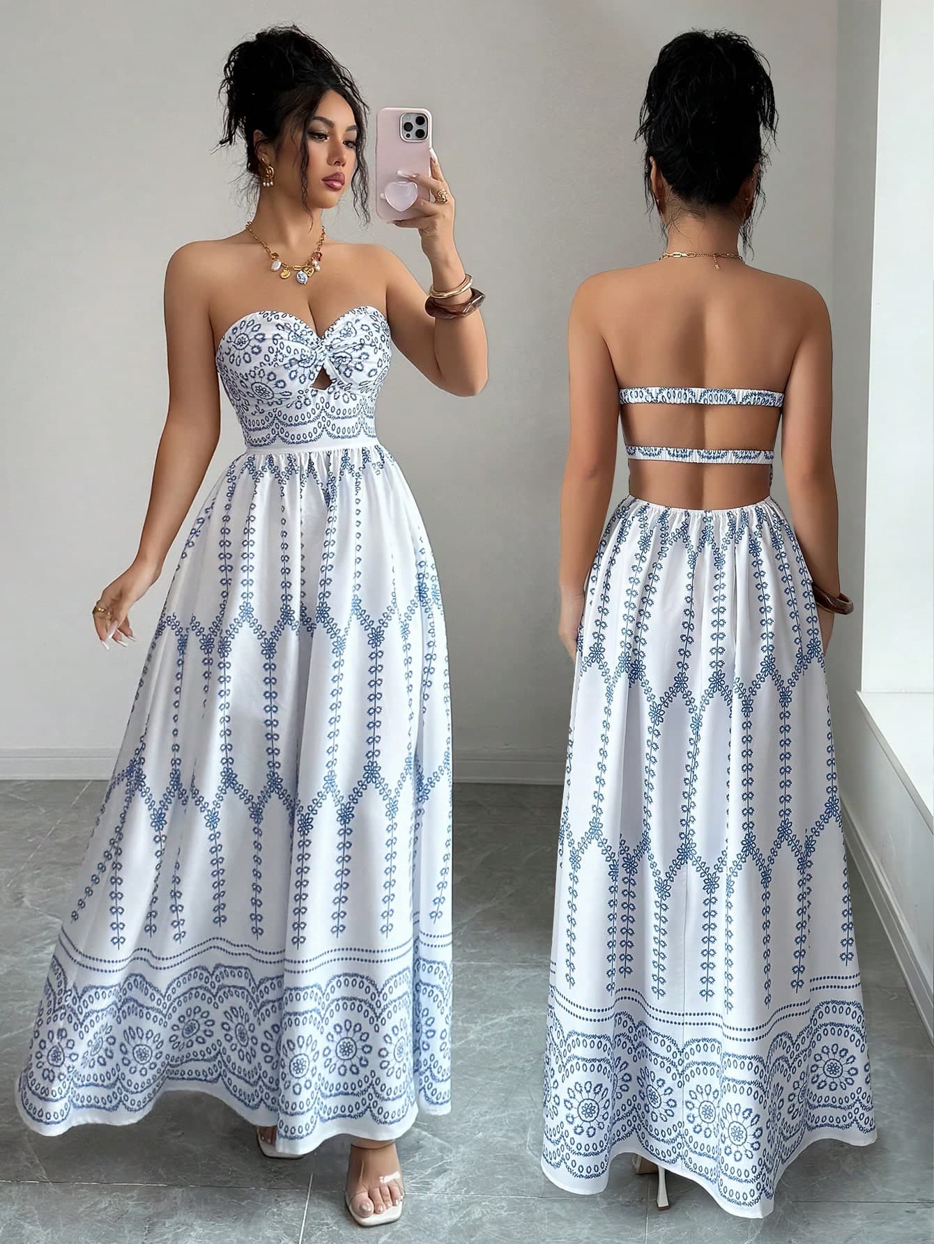 Selianne Women's Blue And White Floral Print Boho Maxi Strapless Dress,Summer Backless Hollow-Out Tube Top Long Beach Dress For Holiday,Vacation,Holiday